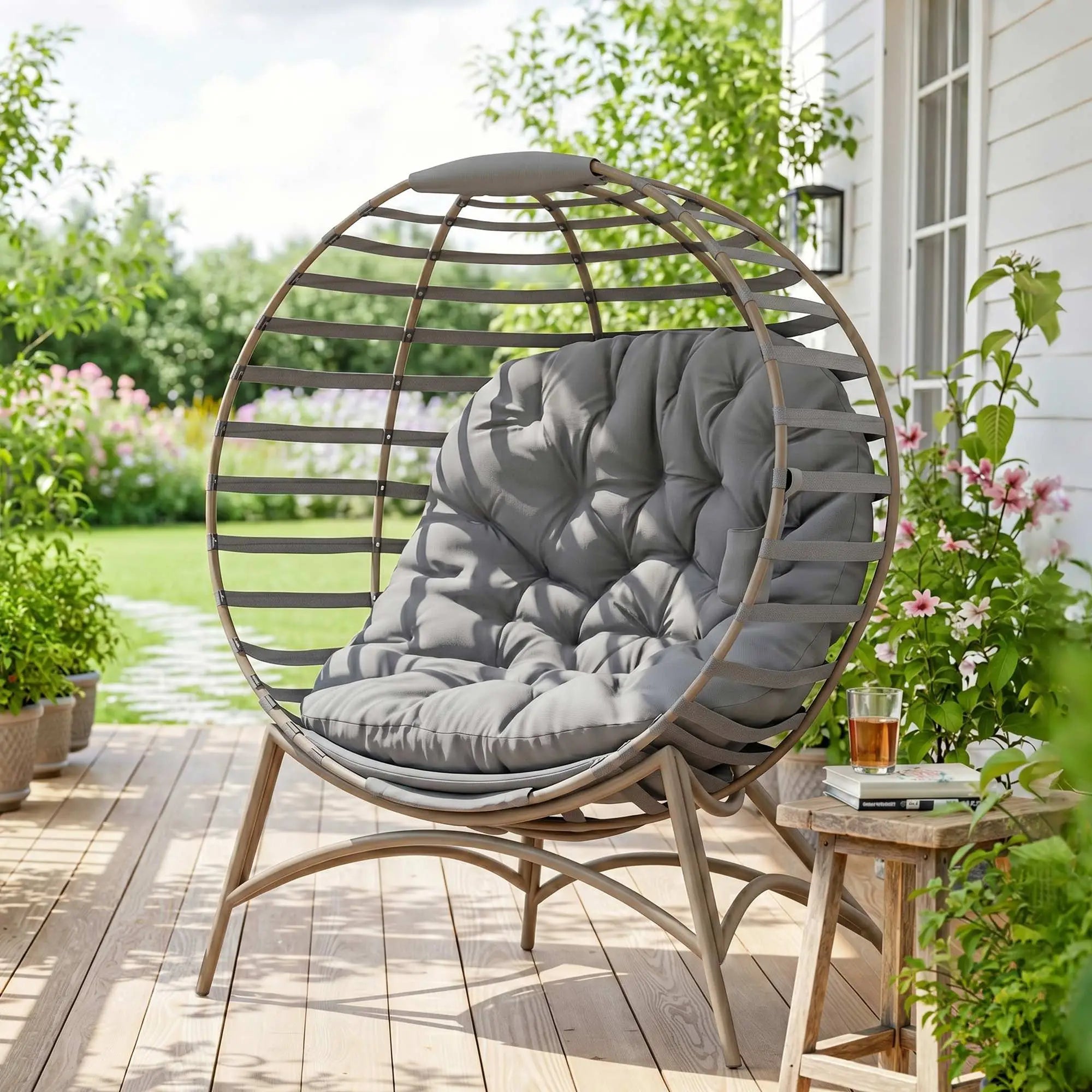 Egg Patio Lounge Chair, Foldable, with Cushion & Pocket, Light Grey, Light Grey Patio Chairs at Gallery Canada