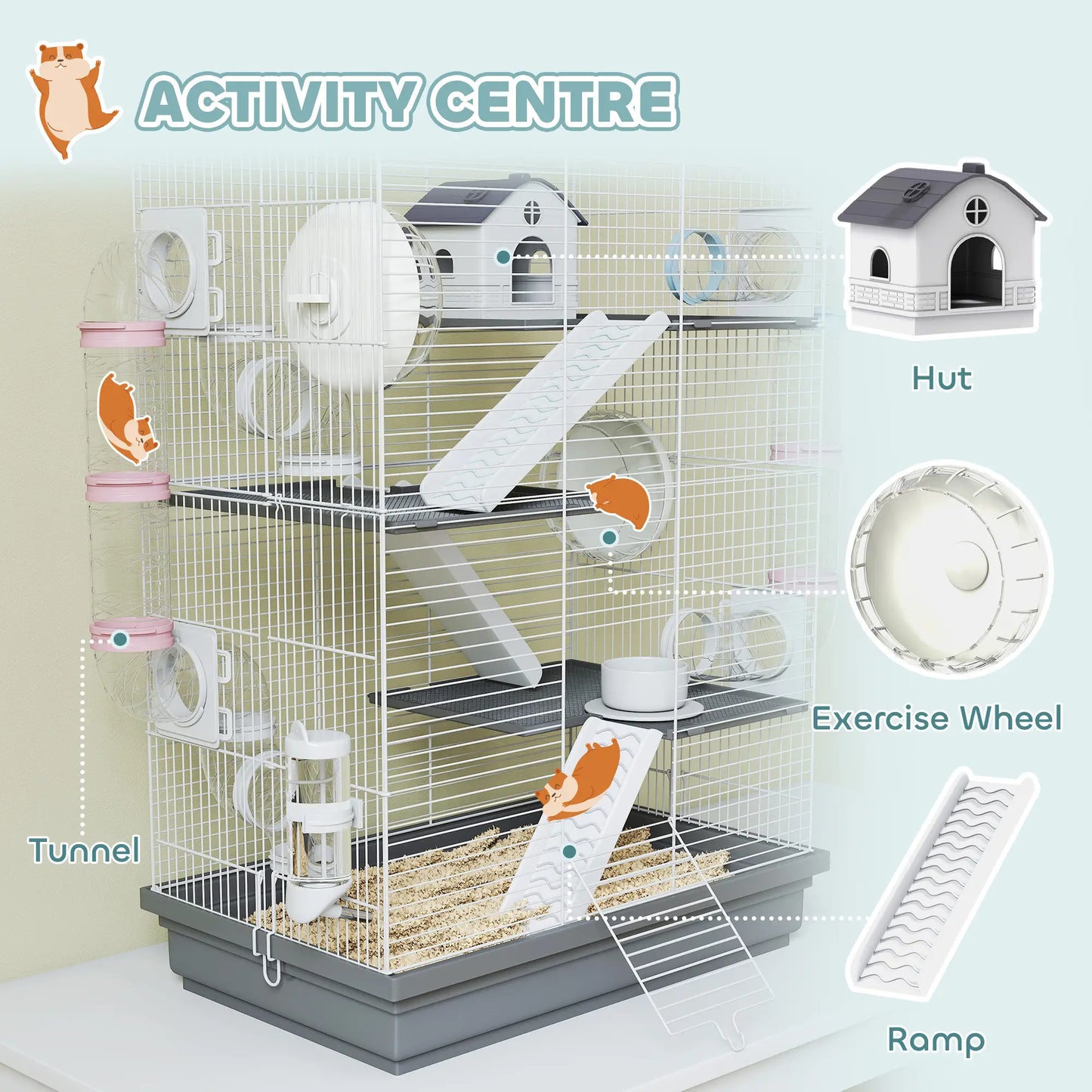 4-Level Large Hamster Cage, DIY Tubes, Water Bottle, Food Dish, Hut, Exercise Wheels, Grey Hamster Cages at Gallery Canada