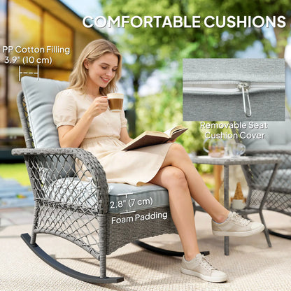 3 Piece Wicker Patio Furniture, Rocking Bistro Set, High Back Rocking Chairs, 2-Tier Glass Table, Light Grey Bistro Sets at Gallery Canada