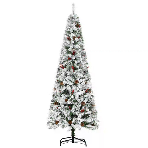 6 Foot Flocked Artificial Christmas Tree, 600 Pine Branches, Pine Cones, Red Berries, Auto Open, Green