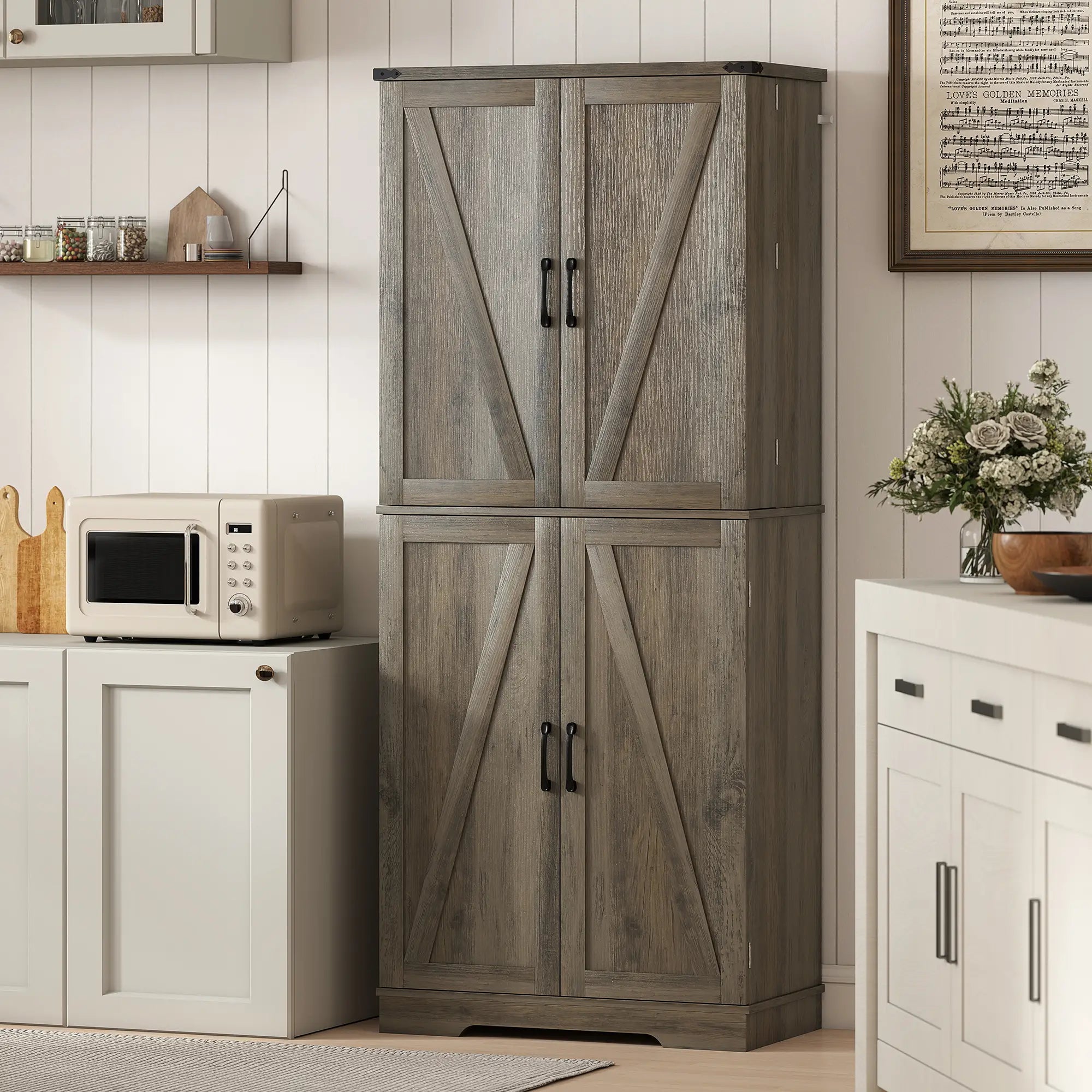 72 Inch Kitchen Pantry Cabinet, Farmhouse Storage with 4 Doors, Drawer, Grey Kitchen Pantry Cabinets at Gallery Canada