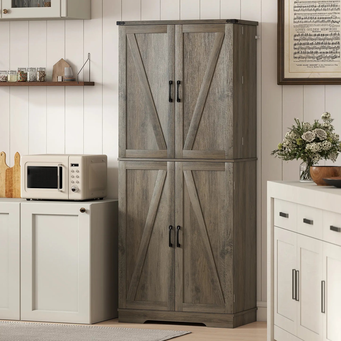 72 Inch Kitchen Pantry Cabinet, Farmhouse Storage with 4 Doors, Drawer, Grey Kitchen Pantry Cabinets at Gallery Canada