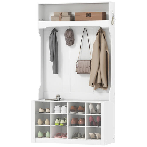 4-In-1 Hall Tree with Bench, Shoe Storage, 12 Cubbies, 6 Hooks, White