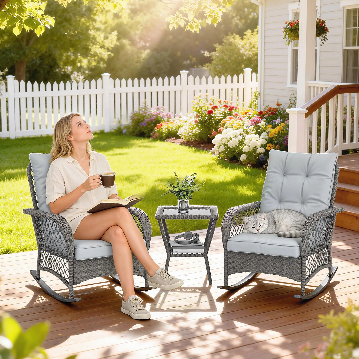 3 Piece Wicker Patio Furniture, Rocking Bistro Set, High Back Rocking Chairs, 2-Tier Glass Table, Light Grey Bistro Sets at Gallery Canada