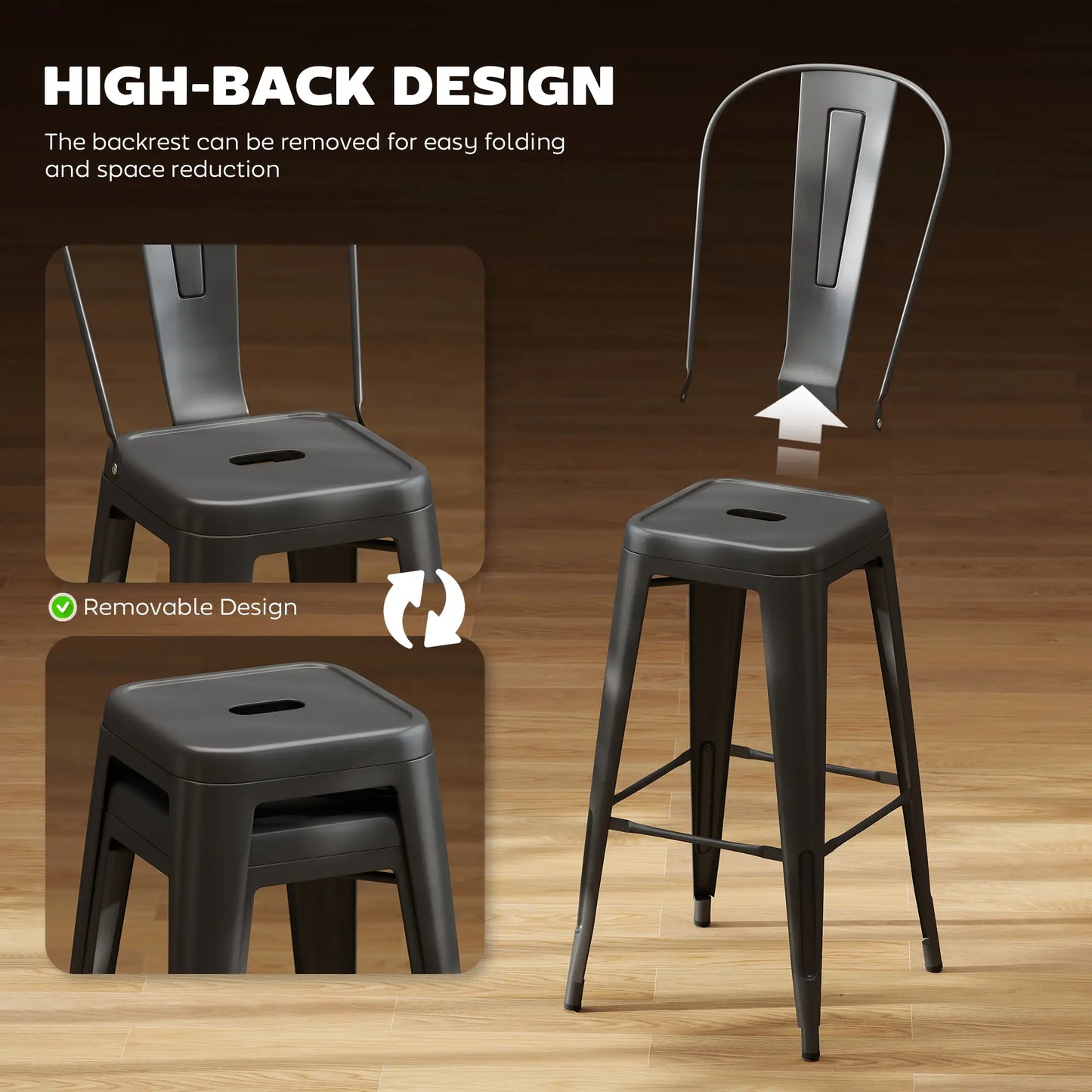 24 Inch Bar Stools, Set of 4, Industrial Kitchen, Black Metal Frame, Black Bar Stools at Gallery Canada