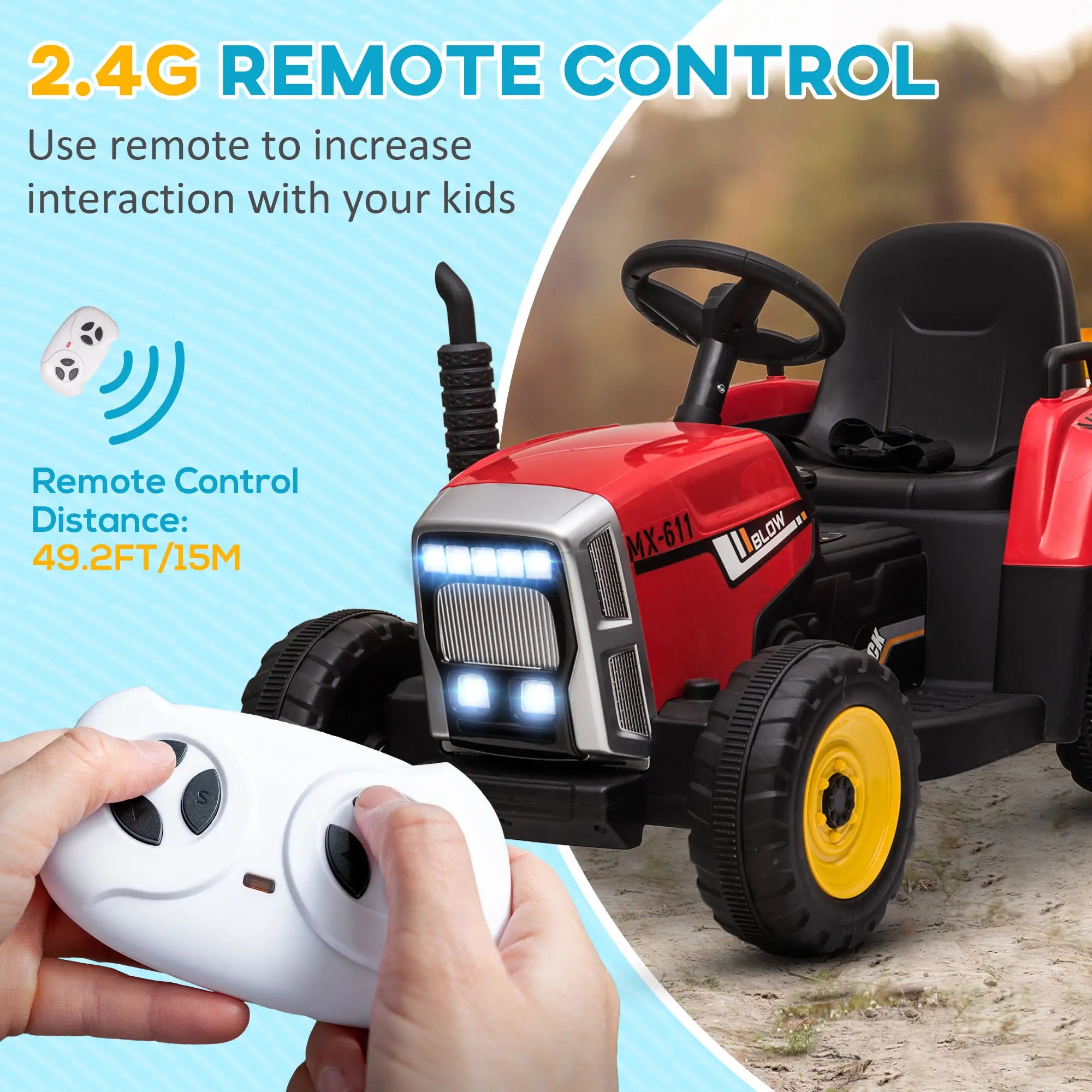 12V Kids Ride on Tractor with Trailer, Remote Control, Music, Horn, USB, LED Lights, Red Electric Toy Cars at Gallery Canada