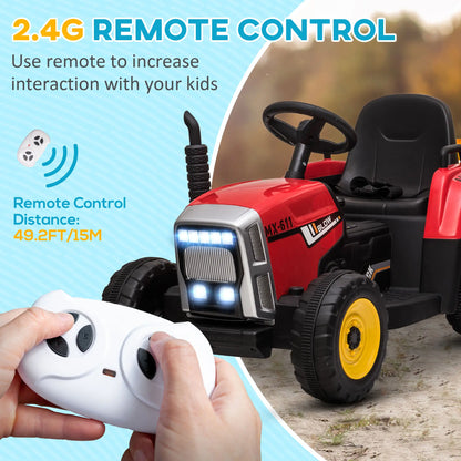 12V Kids Ride on Tractor with Trailer, Remote Control, Music, Horn, USB, LED Lights, Red Electric Toy Cars at Gallery Canada