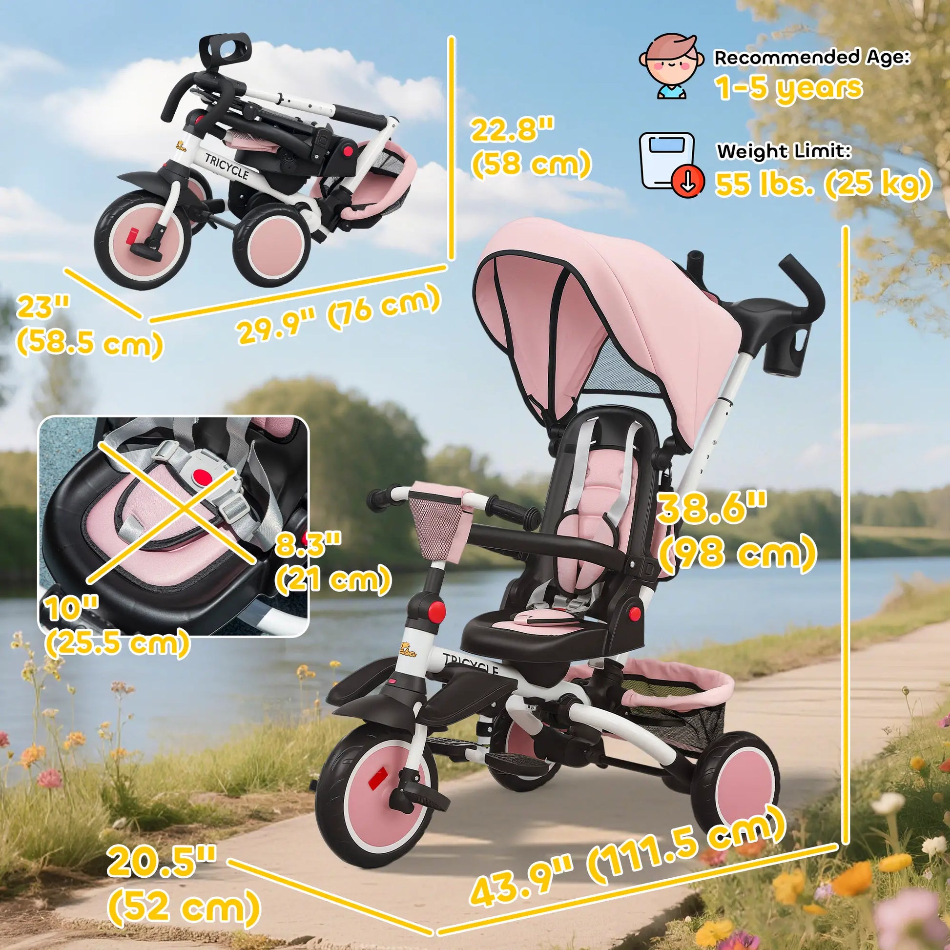 6 in 1 Toddler Tricycle, Push Handle, Removable Canopy, Rotatable Seat, Pink Tricycles for Kids at Gallery Canada