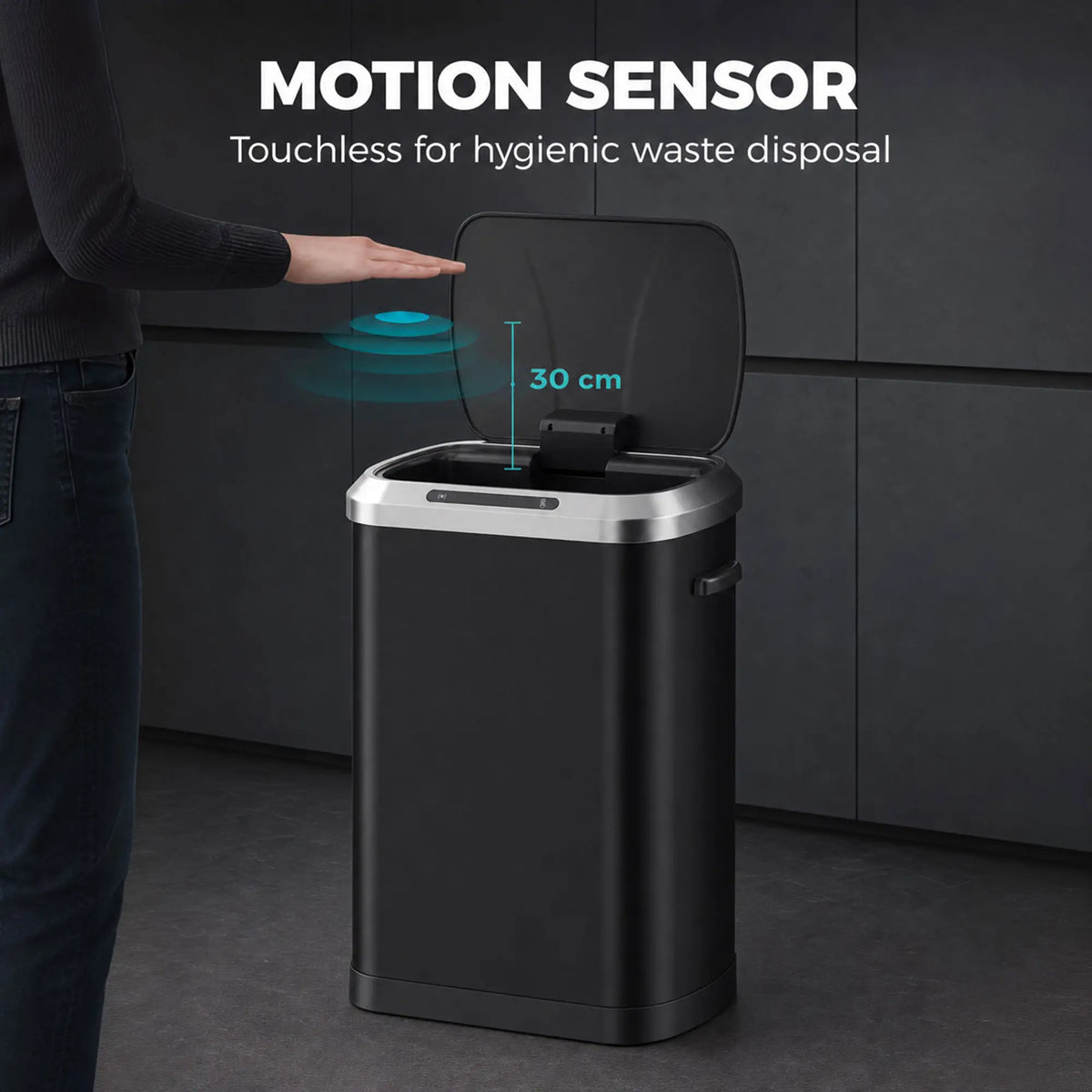 50L Touchless Trash Can, Black Stainless Steel Soft-Close Lid, Black