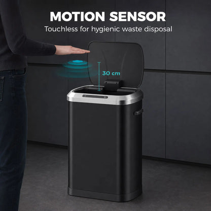 50L Touchless Trash Can, Black Stainless Steel Soft-Close Lid, Black