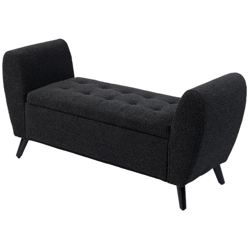 Upholstered Storage Bench with Arms, Modern Ottoman, Black