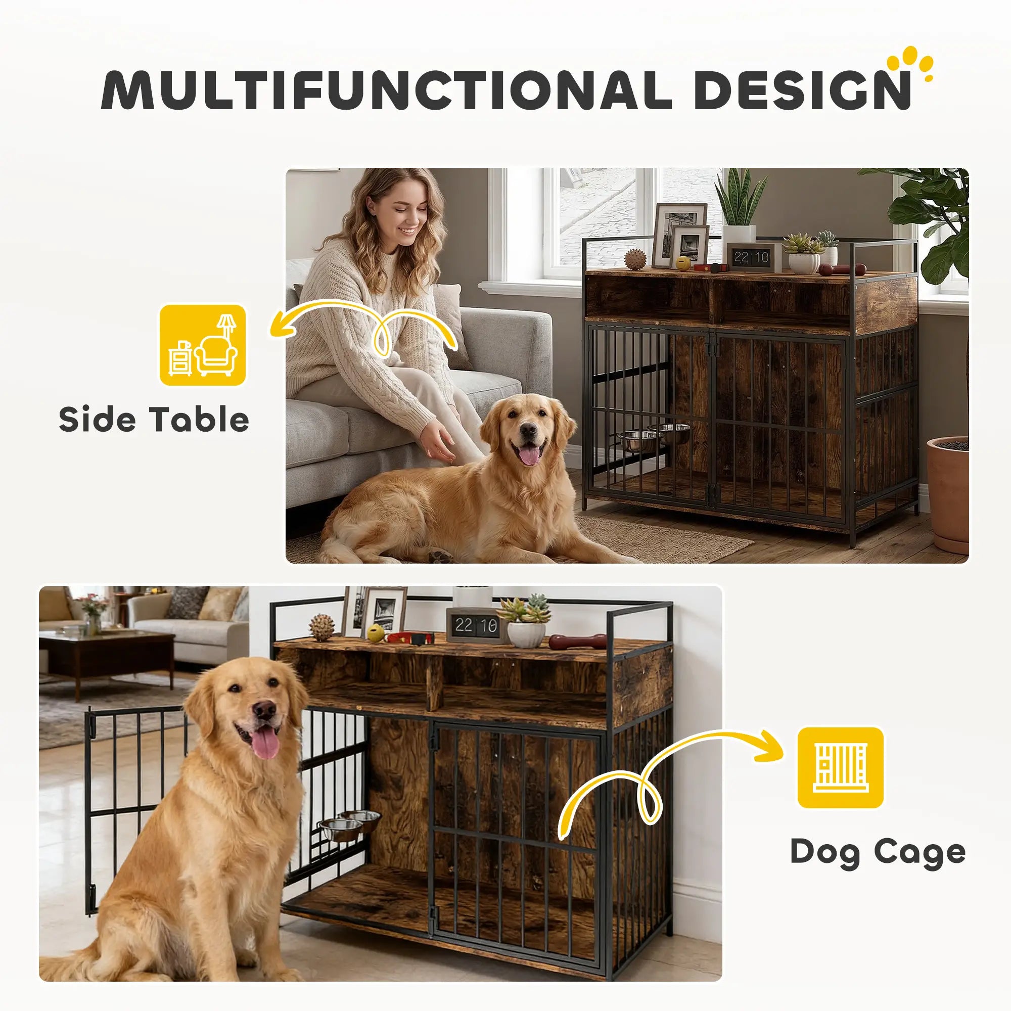 Dog Crate Furniture With Rotating Feeding Station, Rustic Brown Dog Cages & Crates at Gallery Canada