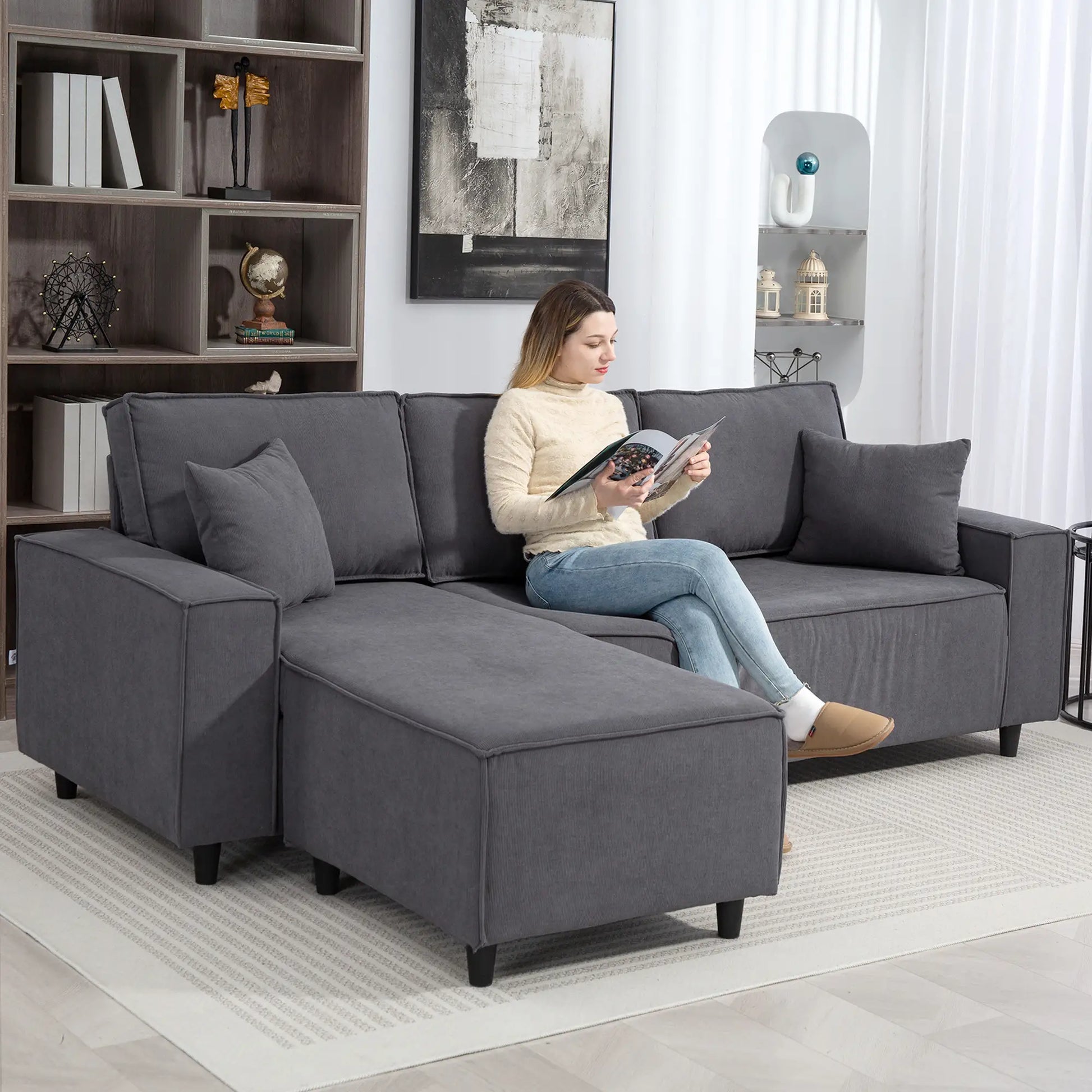 Corner Sofa, L-Shaped Sectional with Chaise, Pocket Spring, 2 Pillows, Charcoal Grey Sofas & Reclining Chairs at Gallery Canada