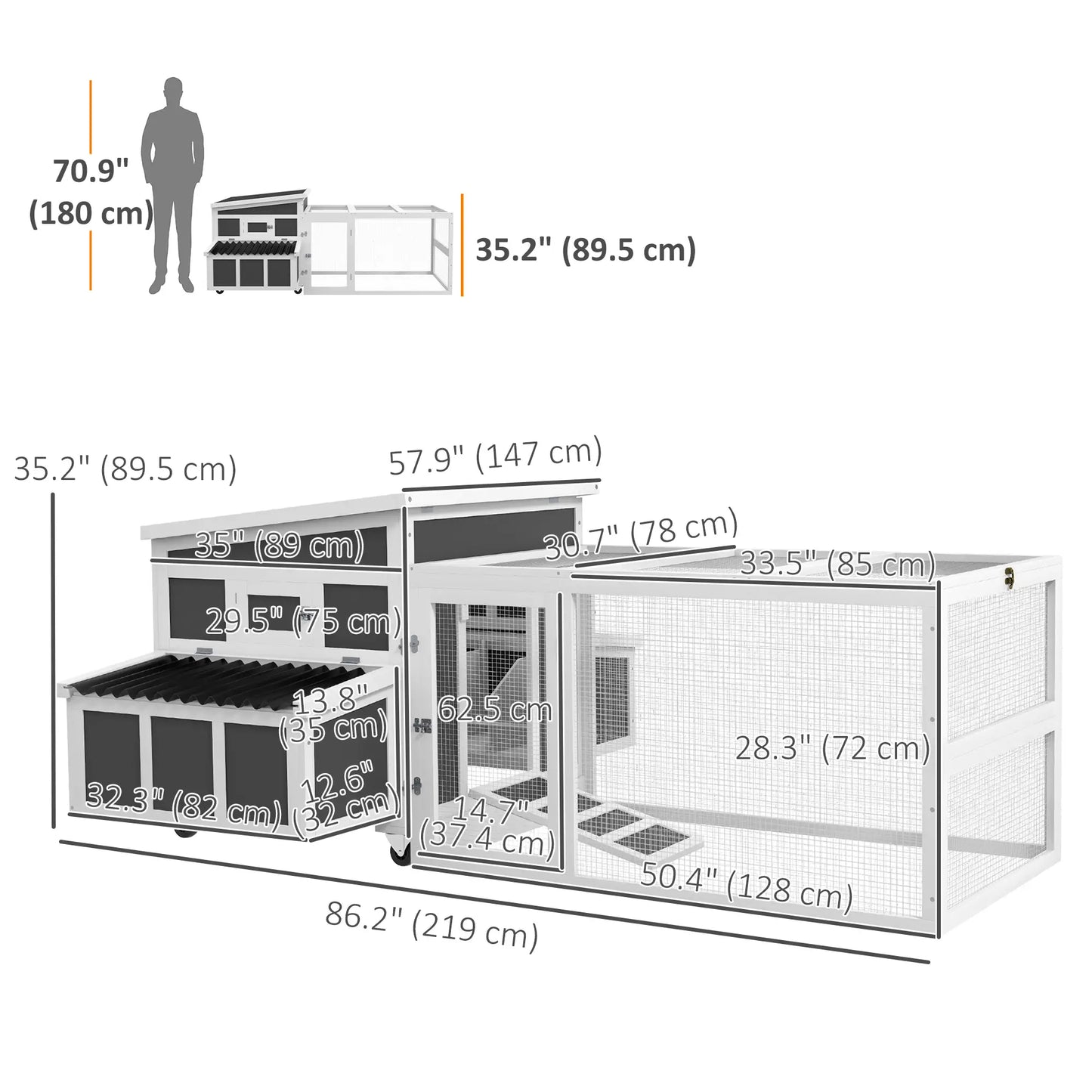 Wooden Chicken Coop, Rabbit Hutch With Large Run, Dark Grey