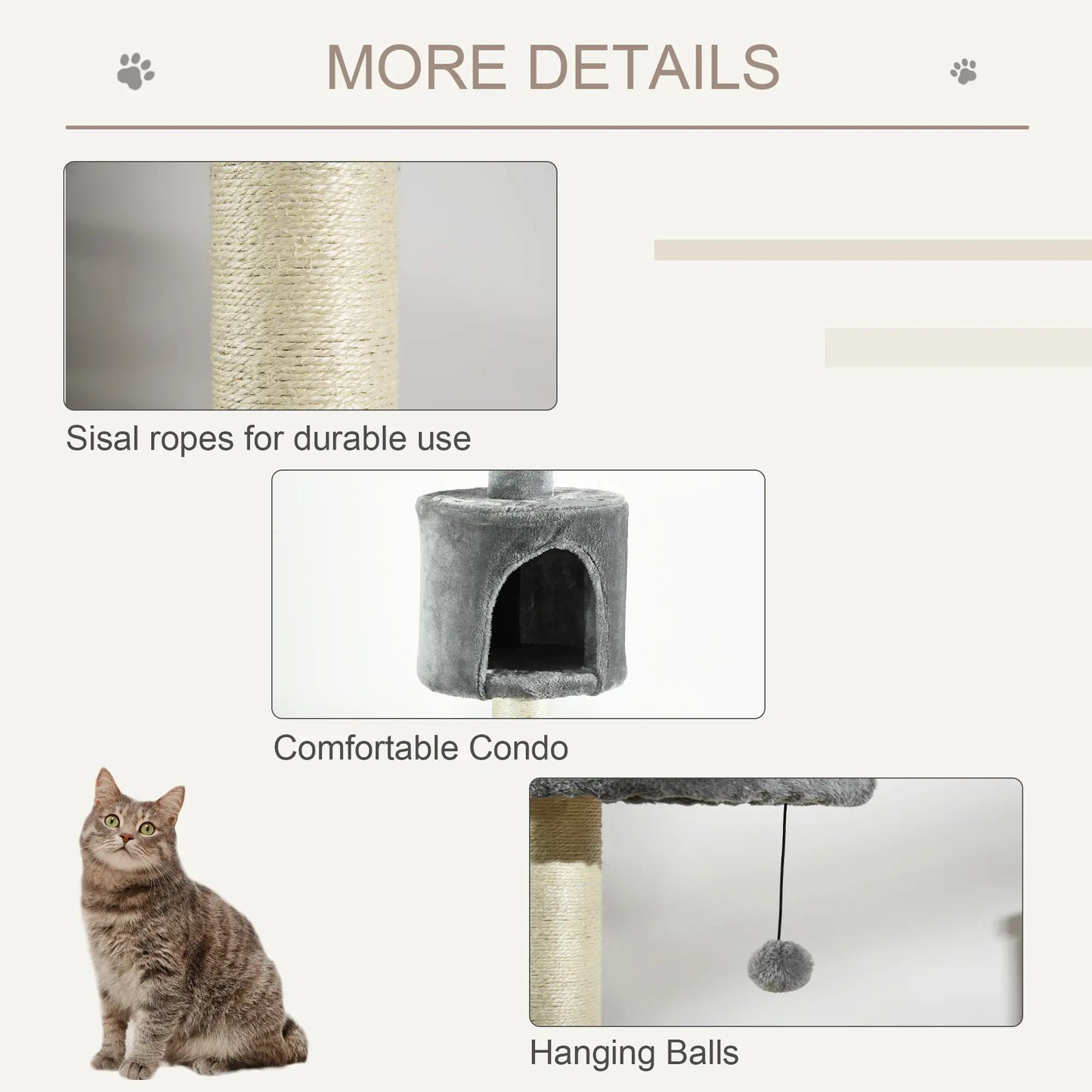 4-Tier Floor to Ceiling Cat Tree, Scratching Post, Plush, Toy Ball, Light Grey Floor to Ceiling Cat Trees at Gallery Canada
