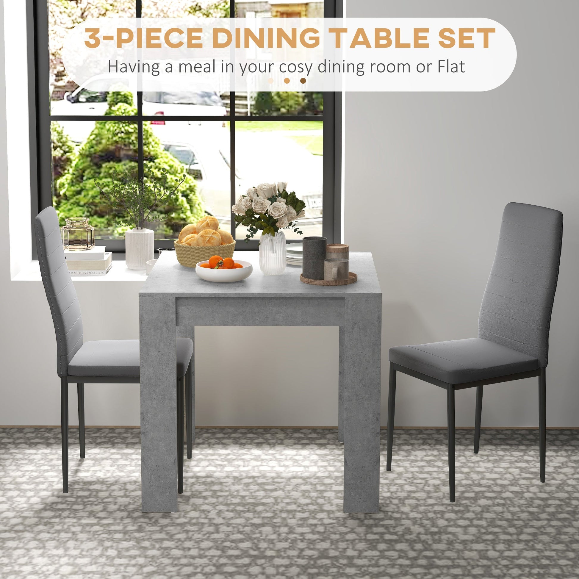 Dining Table Set for 2, Square Kitchen Table and Chairs, Faux Cement Dining Room Table and PU Leather Upholstered Chairs at Gallery Canada