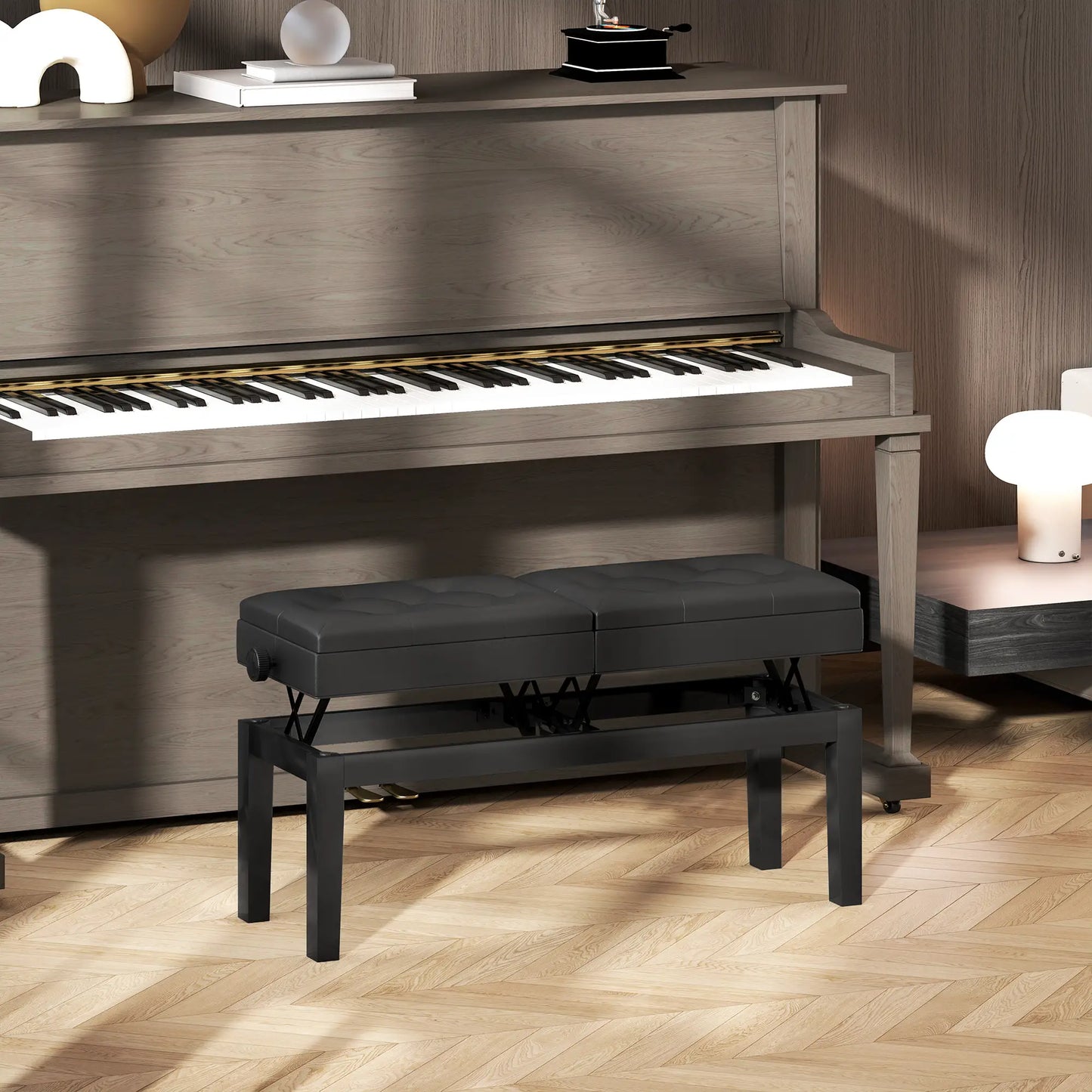 Height Adjustable Piano Bench with Storage, PU Leather Tufted, Black Piano Benches at Gallery Canada
