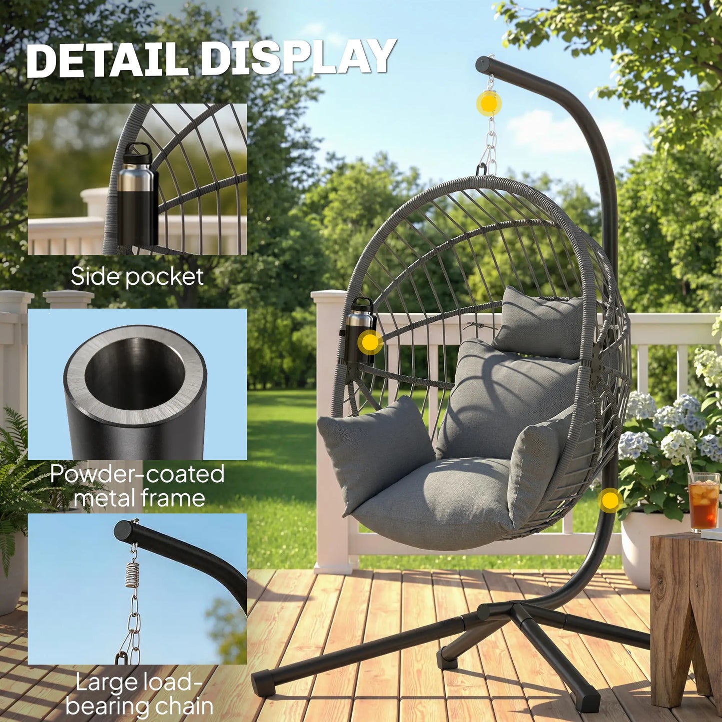 Metal Hanging Egg Chair, Full Body Padded Seat, Grey Patio Swings with Stand at Gallery Canada