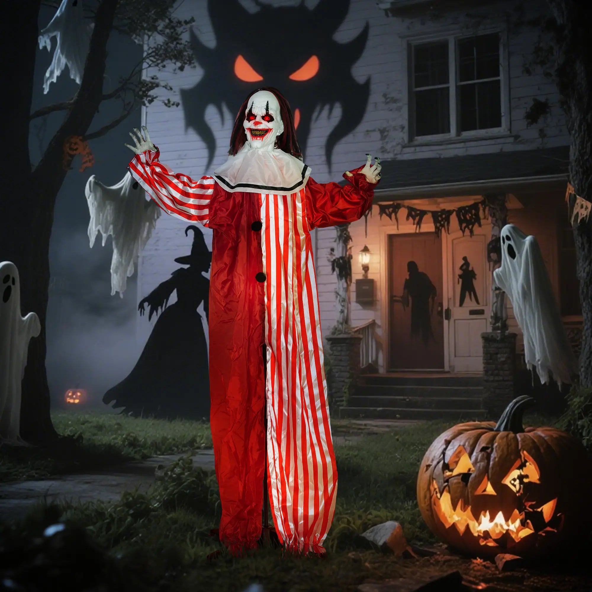 Life Size Animated Clown, Red Light Up Eyes, Sound Activated, Battery Operated, Red Halloween Decorations at Gallery Canada