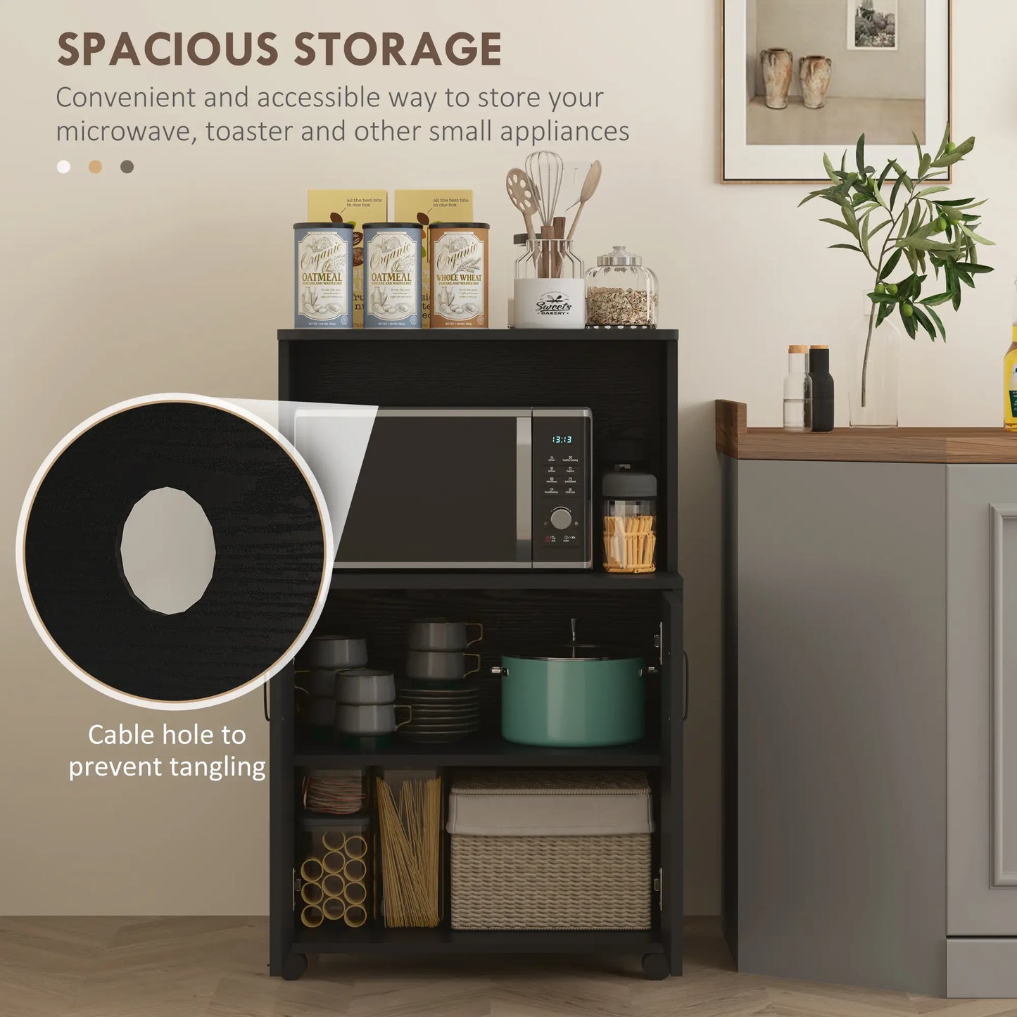 Microwave Cart on Wheels, 2-Door Cabinet, Black Wood Grain, Black Kitchen Pantry Cabinets at Gallery Canada