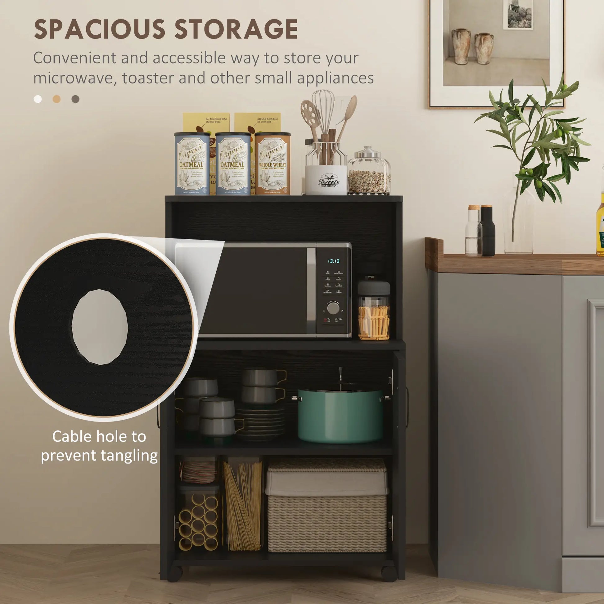 Microwave Cart on Wheels, 2-Door Cabinet, Black Wood Grain, Black Kitchen Pantry Cabinets at Gallery Canada