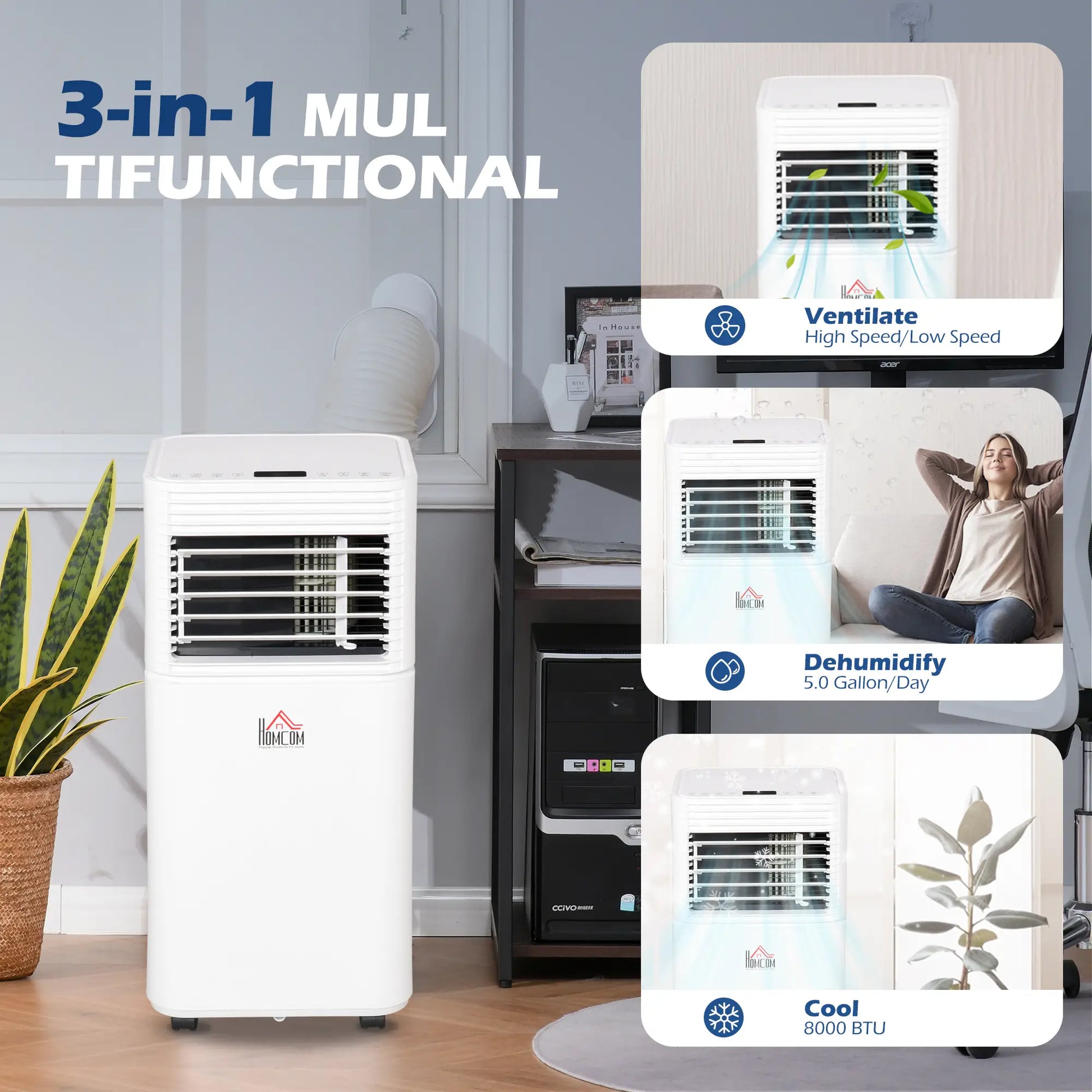 8000 BTU Portable Air Conditioner, Fan, Dehumidifier, Remote, 24H Timer, White Air Conditioner at Gallery Canada