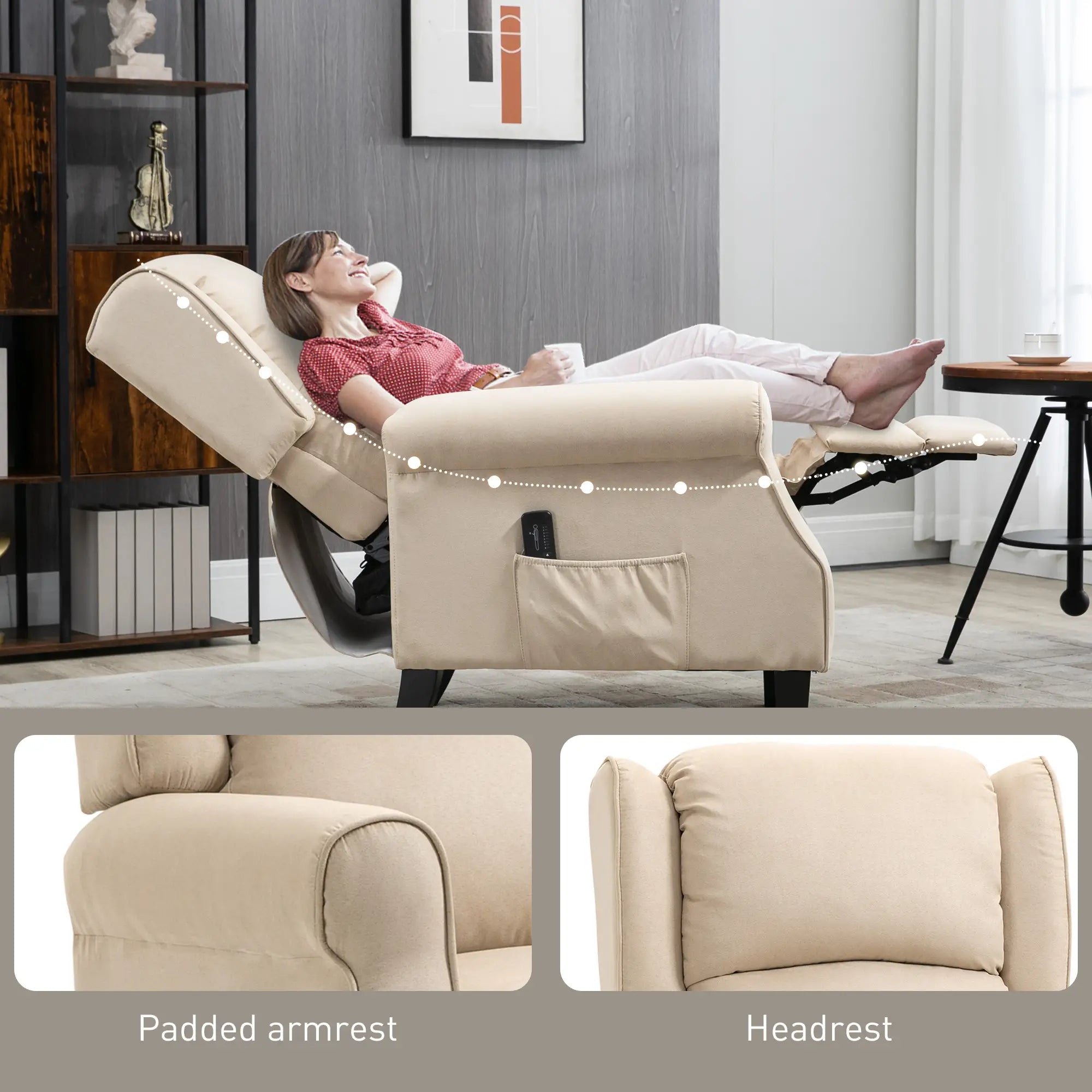Massage Recliner Chair, Suede Wingback with Footrest, Wood Legs, Remote, Beige Single Sofas at Gallery Canada