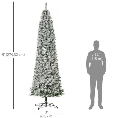 9 Feet Prelit Snow Flocked Pencil Christmas Tree, Warm White LED, Green Pre Lit Christmas Trees at Gallery Canada