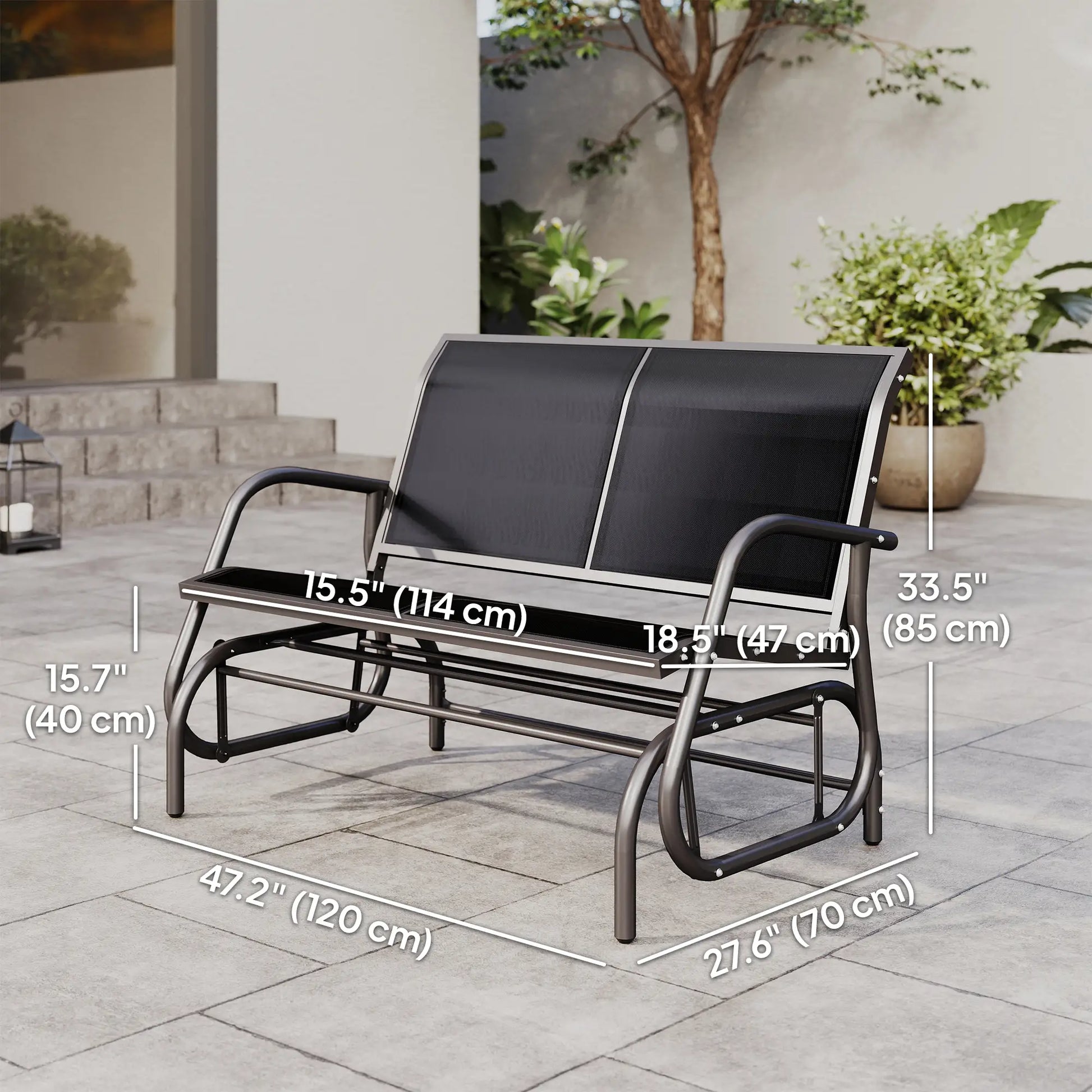 Double Glider Bench Swing, Heavy-Duty Steel Frame, Sling Fabric Seat, Black Outdoor Gliders at Gallery Canada