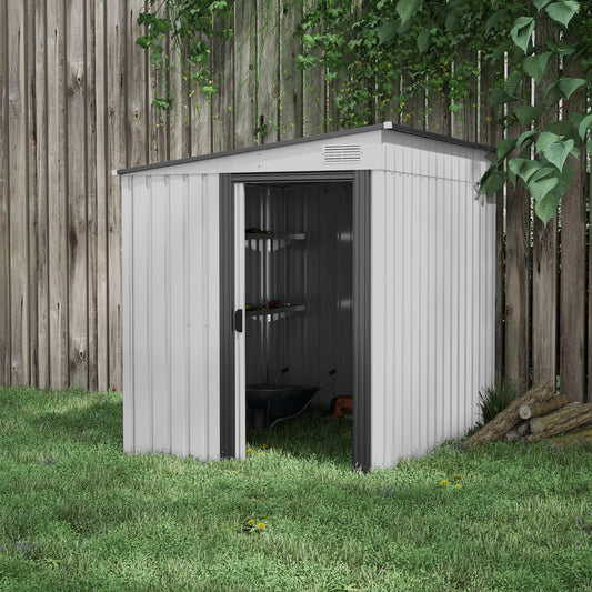 5'x7' Lean to Galvanised Metal Shed with Foundation, Garden Tool Storage House with Sliding Door and 2 Vents, Grey - Gallery Canada