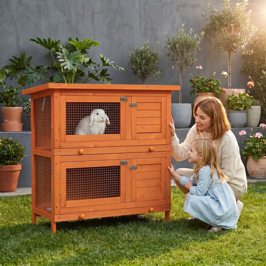 2-Tier Wooden Rabbit Hutch, Small Animal House, Bunny Pet Cage, 2 Rooms, Sliding Tray, Opening Top, Yellow Rabbit Hutch Yellow, Green at Gallery Canada
