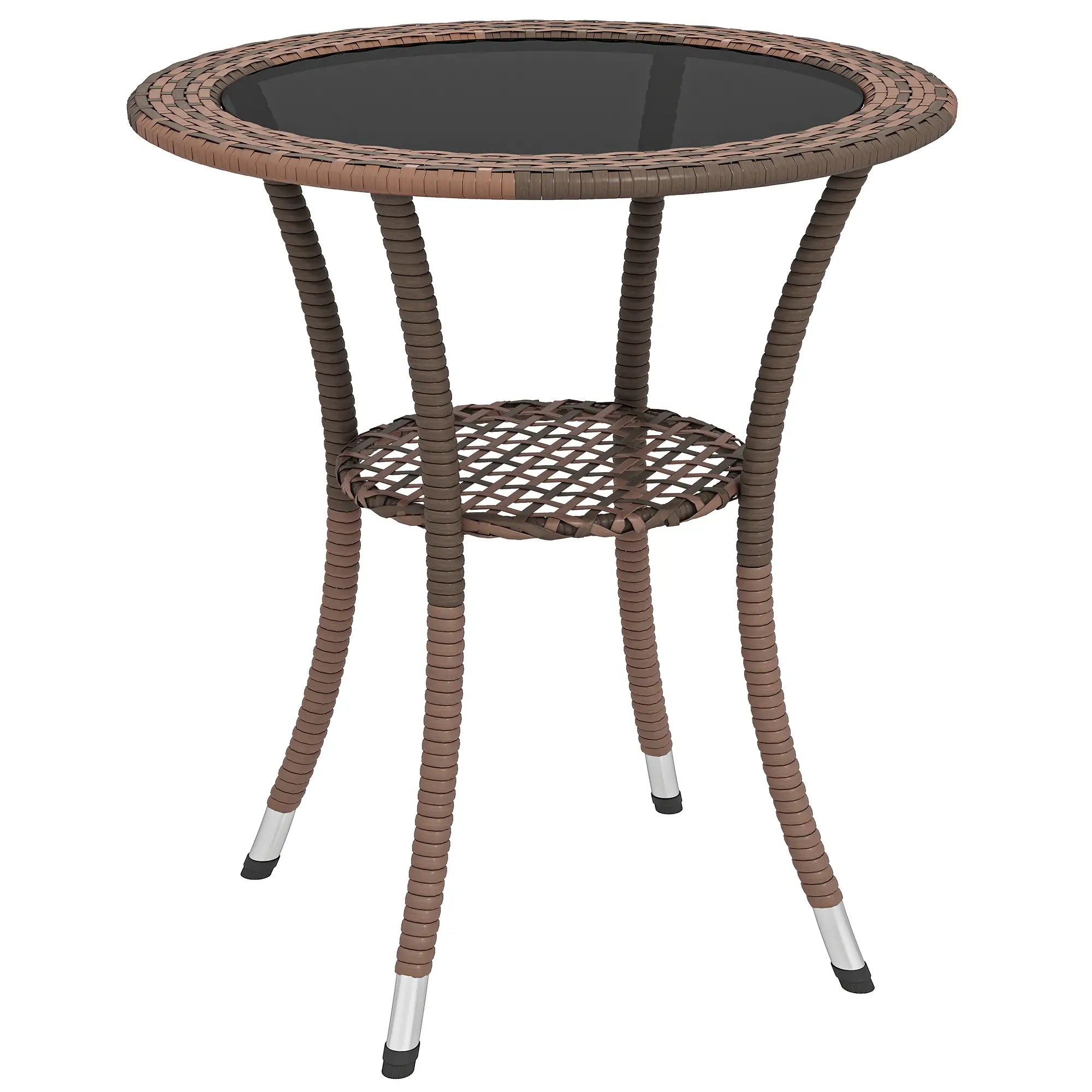 Outdoor Rattan Dining Table, Round Wicker Coffee Table with 2-Tier Shelf, Brown Patio Dinning Tables at Gallery Canada