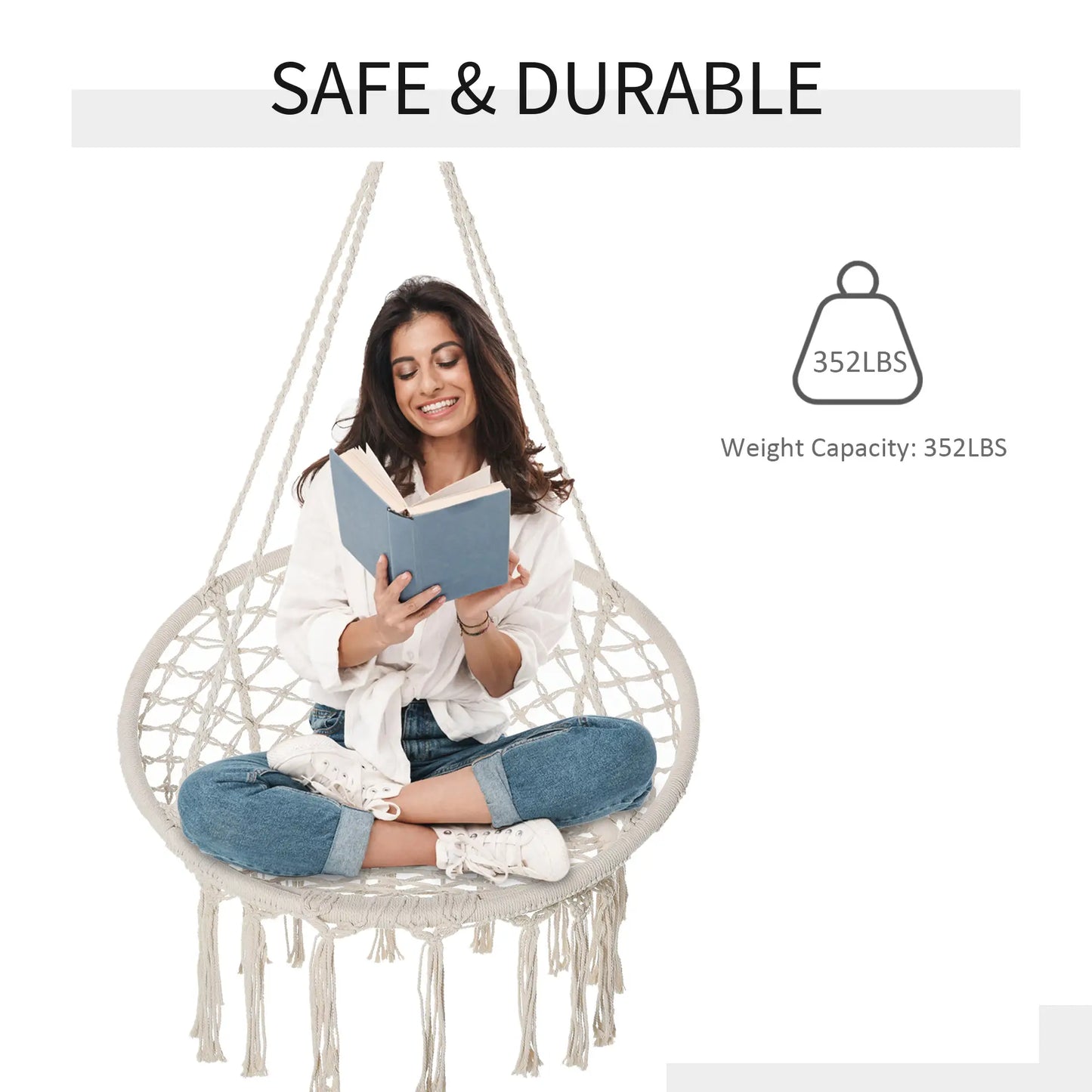Hanging Rope Hammock Swing, Indoor Outdoor, Cotton-Polyester, Cream White Hammock Swings at Gallery Canada