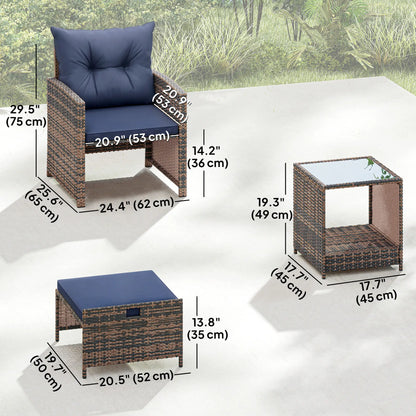 5 Piece Patio Set, Wicker Chairs With Ottomans, Glass Coffee Table, Brown/Dark Blue Patio Furniture Sets at Gallery Canada