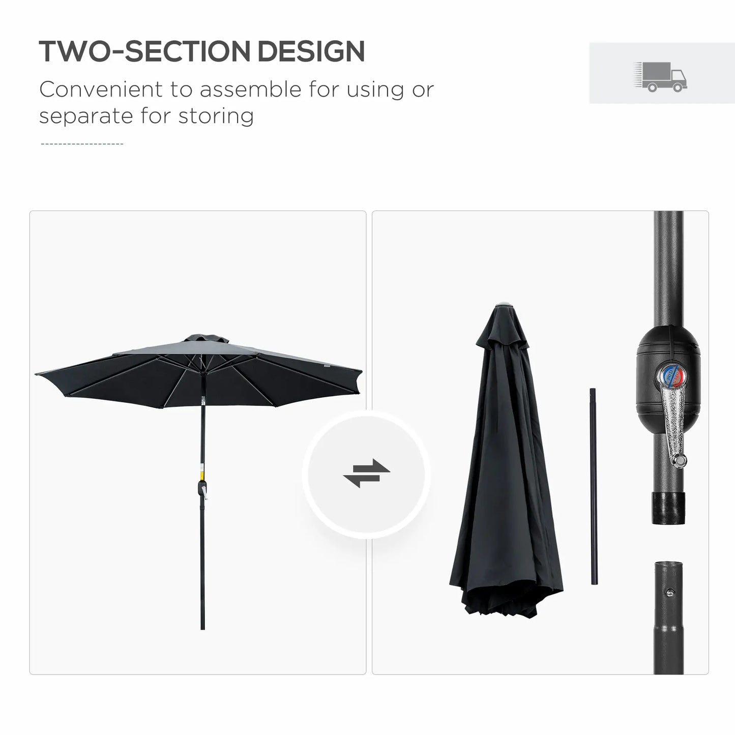 10' x 8' Round Market Umbrella, Crank Handle, Tilt, Black Sun Umbrellas at Gallery Canada