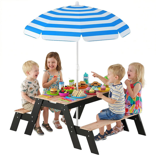Kids Picnic Table with Umbrella, 3 in 1 Wooden Sand &; Water Table with 2 Hidden Play Boxes for Patio, Ages 3-6 Kids Outdoor Furniture Natural Wood, Black, Blue, White at Gallery Canada