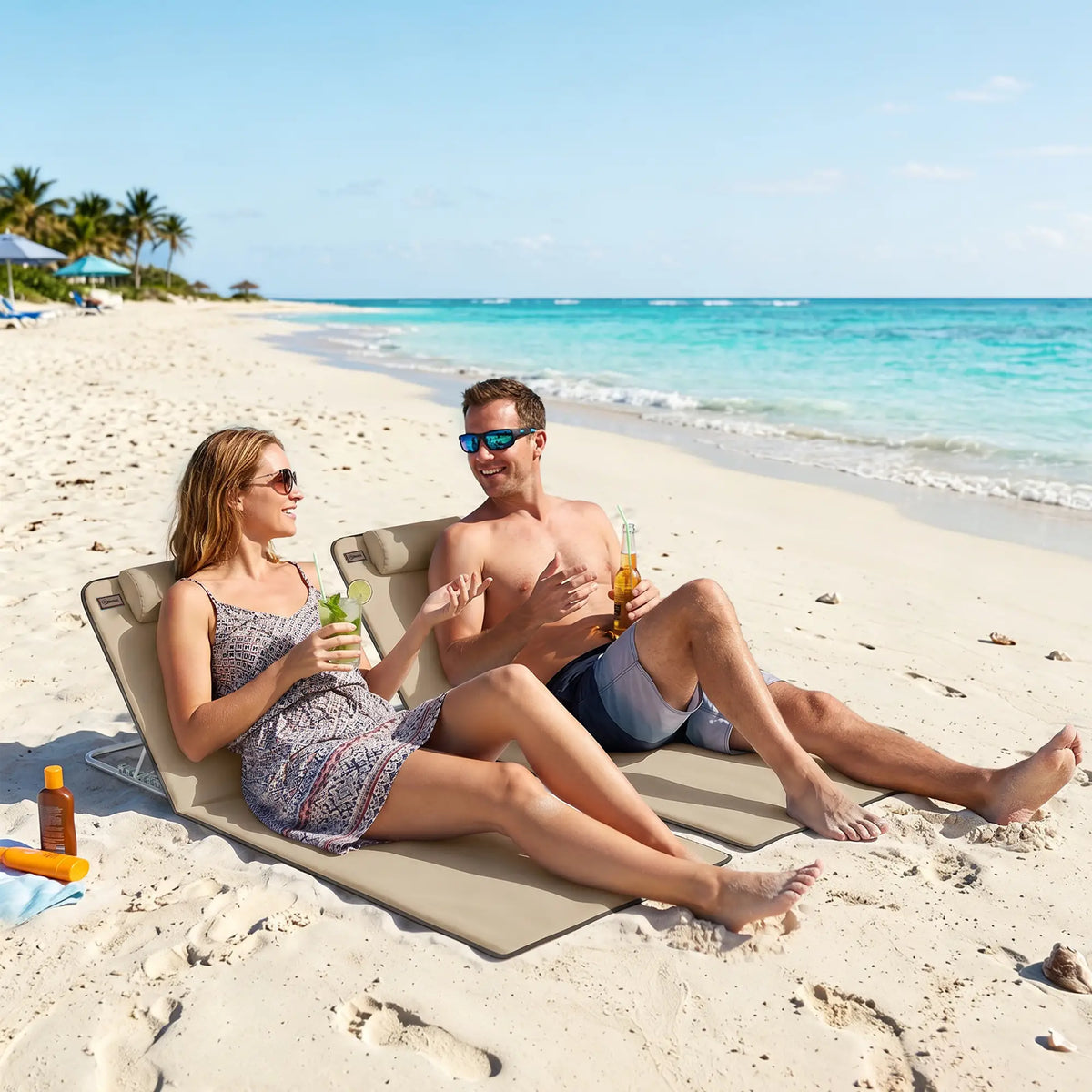 Beach Lounge Chair Set, 2 Pieces, Folding Chaise, Beige