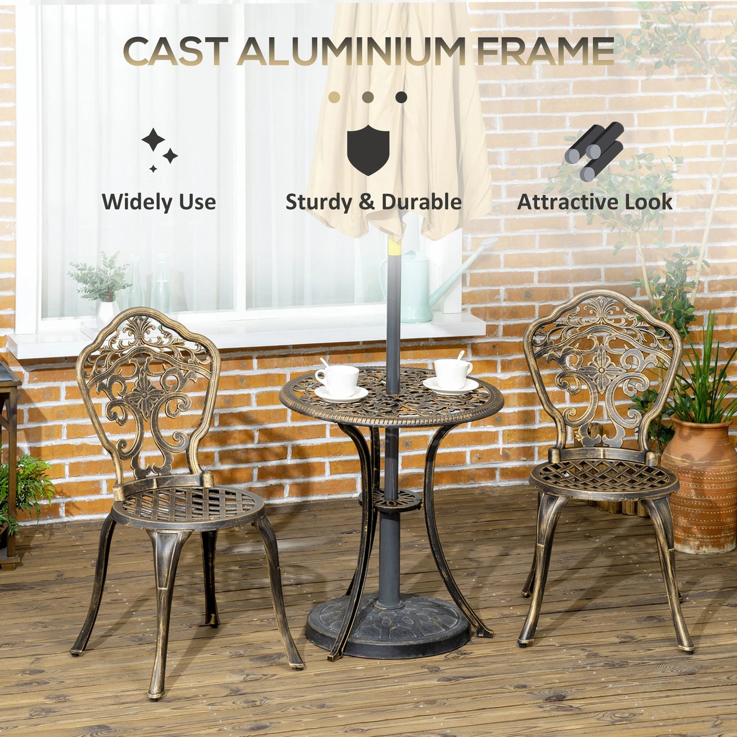 3 Piece Garden Bistro Set, 2 Chairs, Round Table with Parasol Hole, Bronze Bistro Sets at Gallery Canada