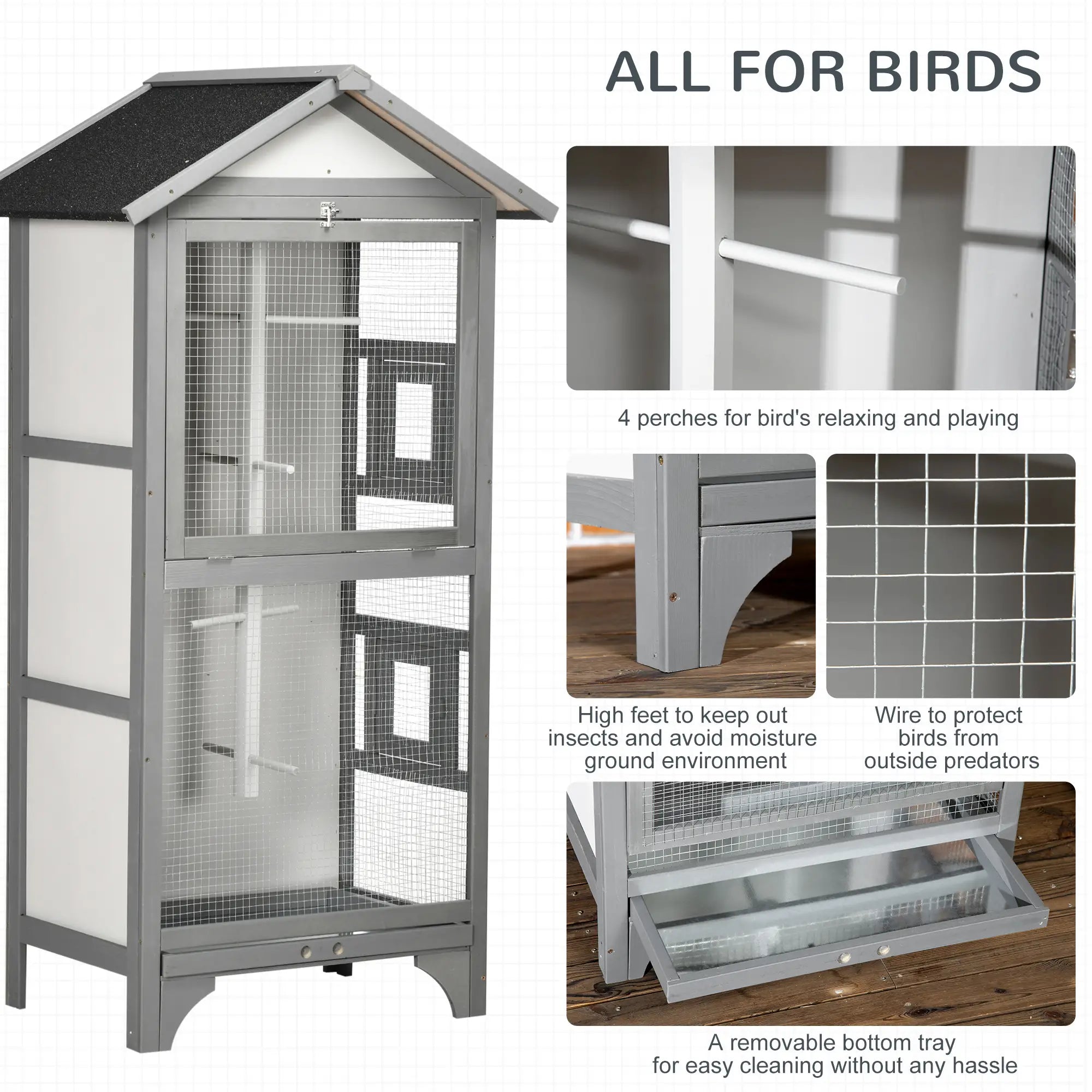 Wooden Bird Aviary Parrot Cage, Removable Tray, 2 Doors, 4 Perches, Light Grey Bird Cages at Gallery Canada