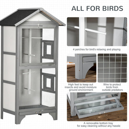 Wooden Bird Aviary Parrot Cage, Removable Tray, 2 Doors, 4 Perches, Light Grey Bird Cages at Gallery Canada