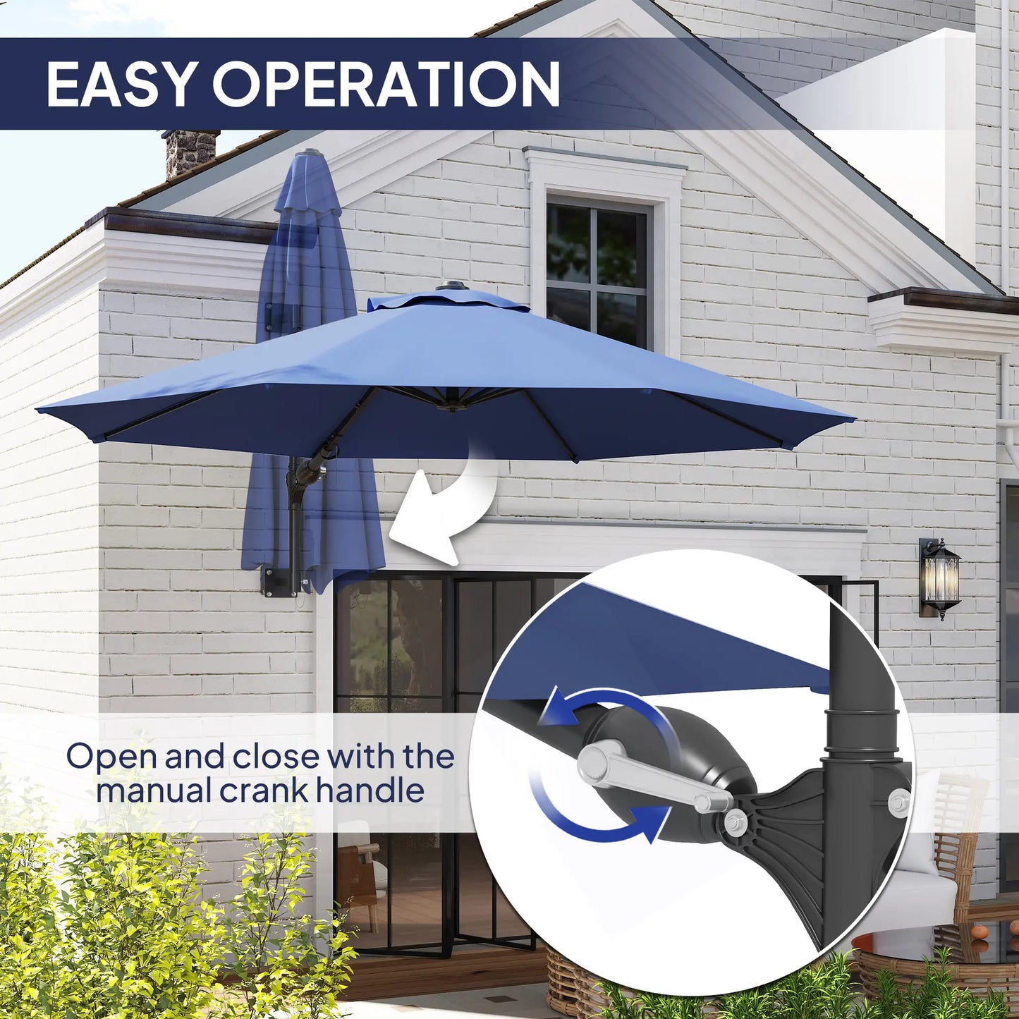9.6 x 9.6 ft Wall Mounted Umbrella, Rotating Patio Parasol, Dark Blue Sun Umbrellas at Gallery Canada
