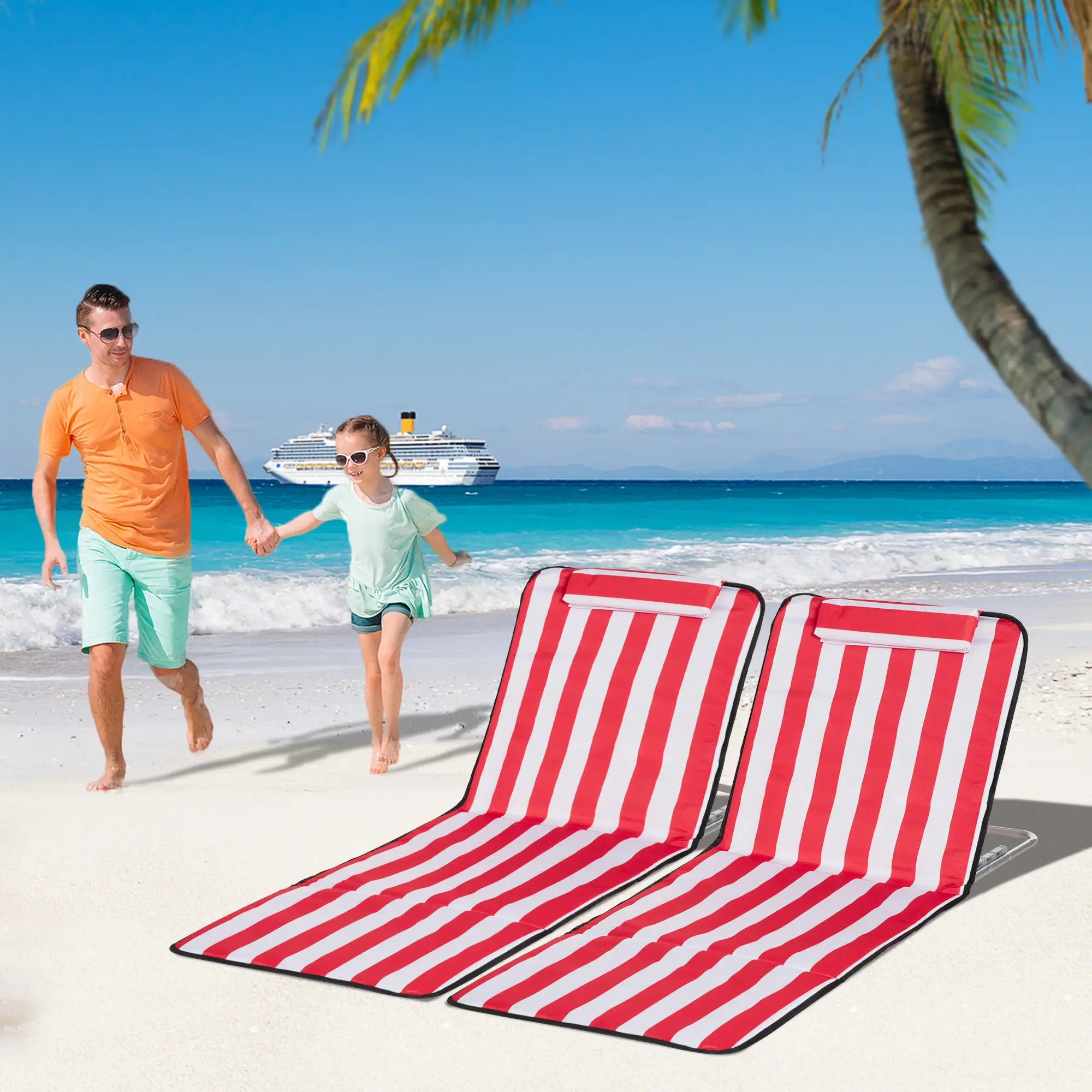 Beach Lounge Chair Set, Folding Mat w/ Adjustable Back, Steel Frame, Head Pillow, Carry Bag, Red and White Beach Accessories at Gallery Canada