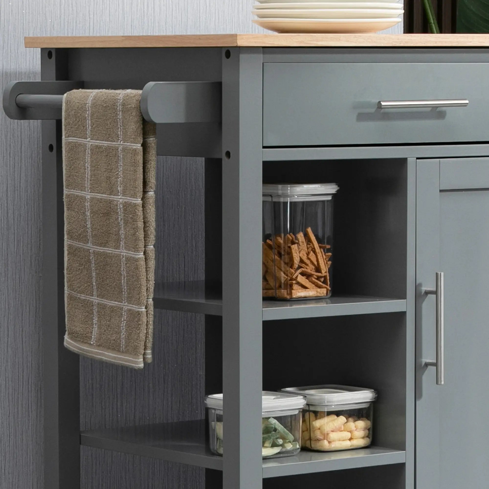 Compact Kitchen Cart on Wheels, Open Shelf, Storage Drawer, Grey Kitchen Islands & Kitchen Carts at Gallery Canada