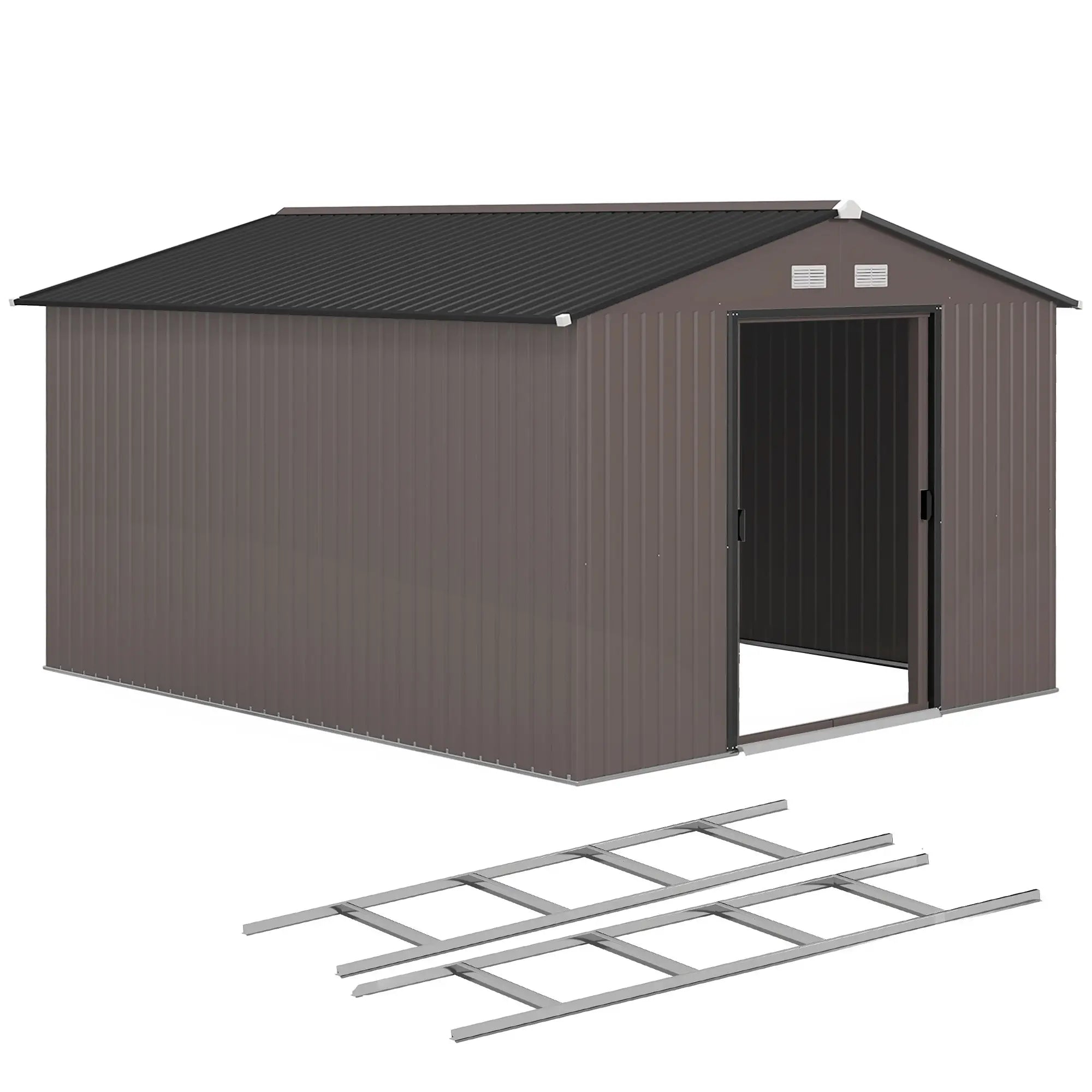 9' x 10.6' Garden Storage Shed, Foundation Kit, Metal Tool House, Double Doors, Brown Sheds at Gallery Canada