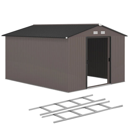 9' x 10.6' Garden Storage Shed, Foundation Kit, Metal Tool House, Double Doors, Brown Sheds at Gallery Canada