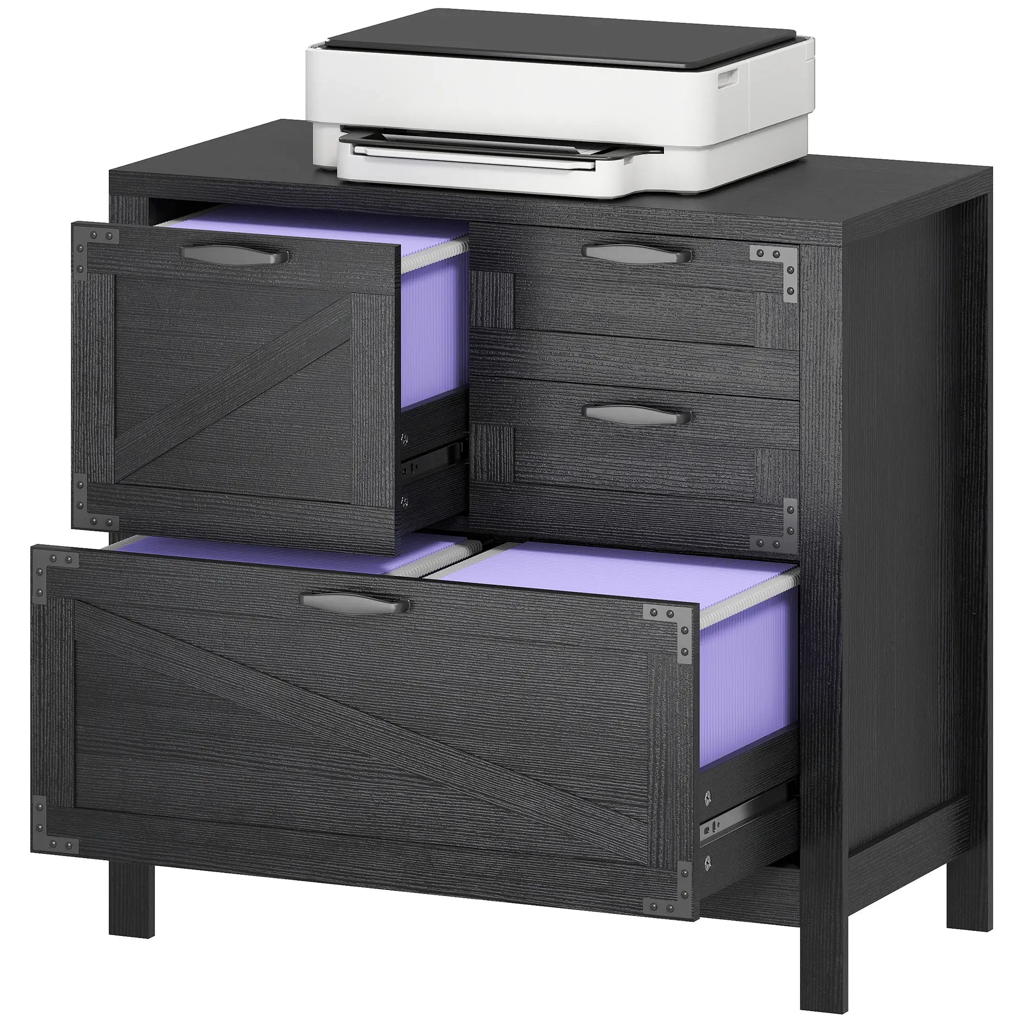 Lateral Filing Cabinet, 4 Drawers, Fits Letter/A4/Legal Files, Black Wood Grain, Black Office Cabinets & Cupboards Black Wood Grain at Gallery Canada
