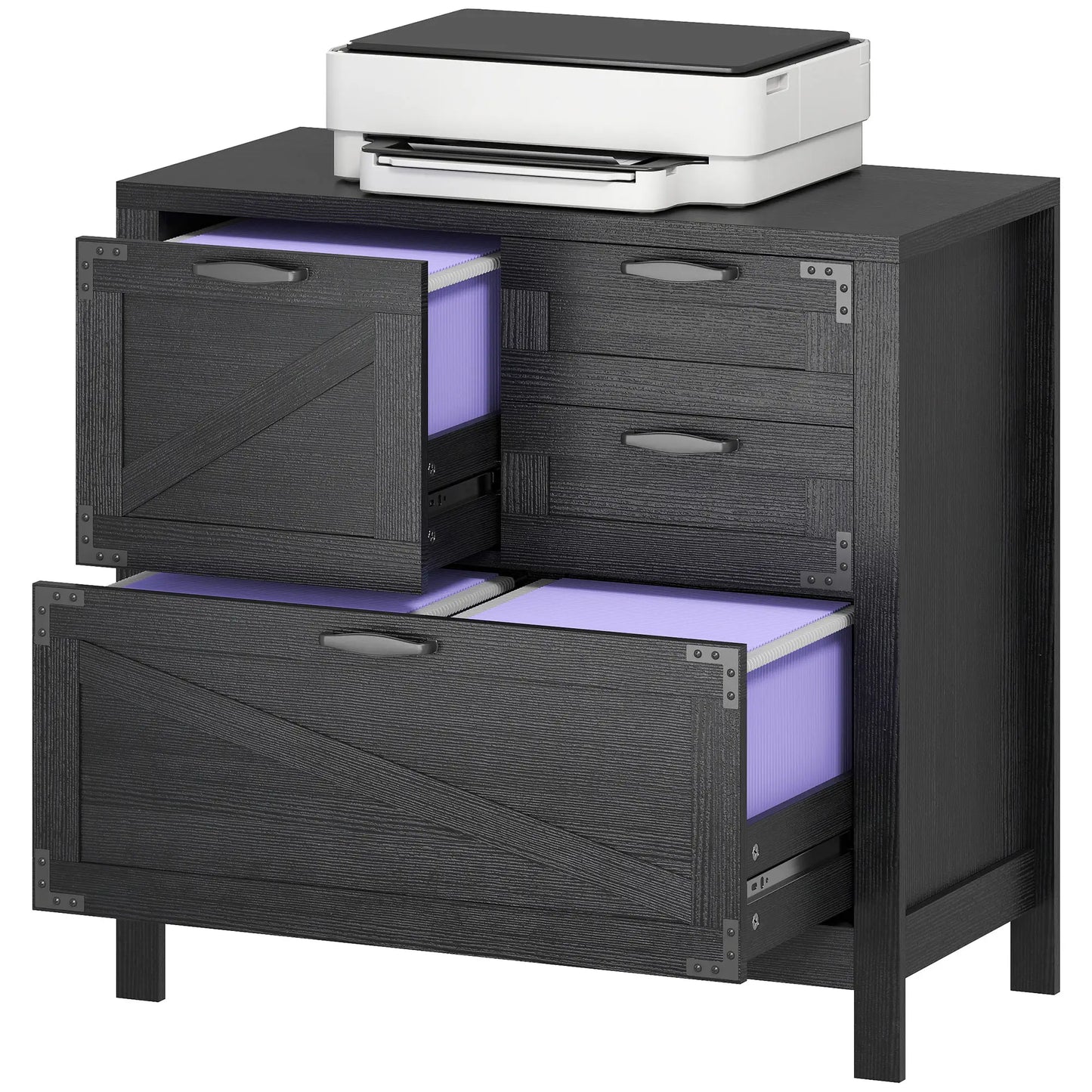 Lateral Filing Cabinet, 4 Drawers, Fits Letter/A4/Legal Files, Black Wood Grain, Black Office Cabinets & Cupboards Black Wood Grain at Gallery Canada