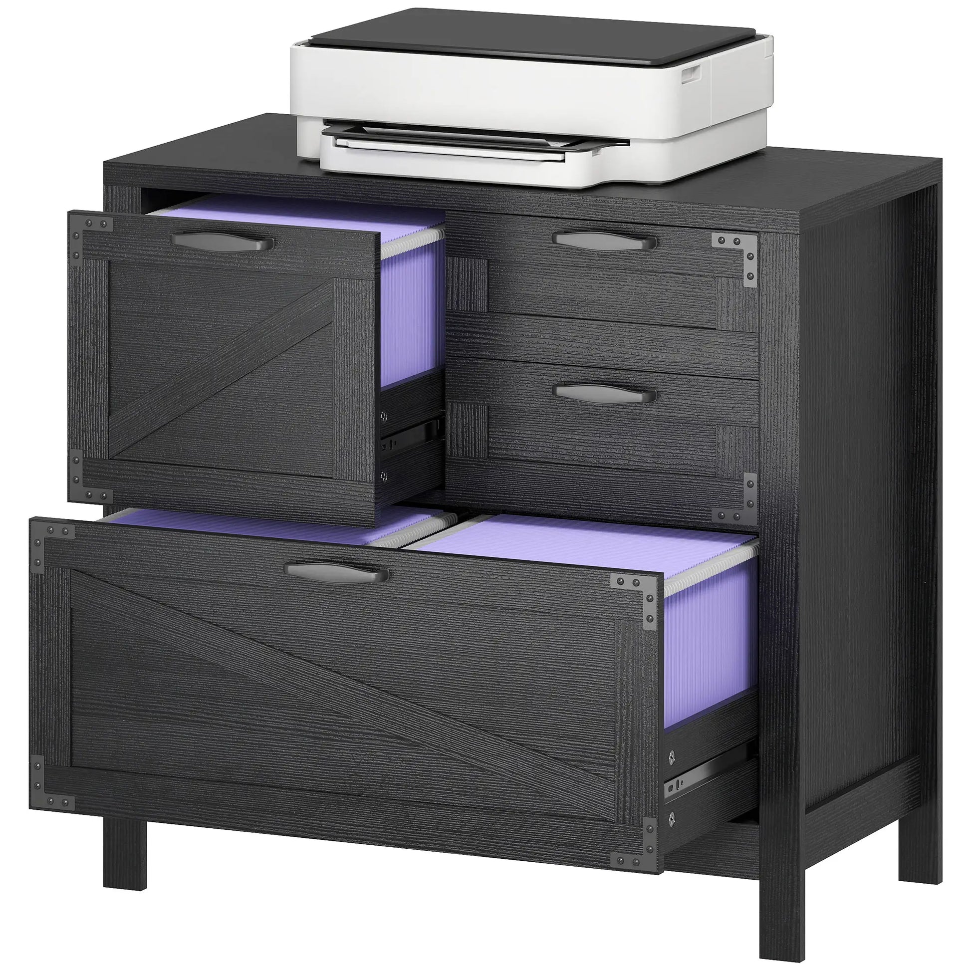 Lateral Filing Cabinet, 4 Drawers, Fits Letter/A4/Legal Files, Black Wood Grain, Black Office Cabinets & Cupboards Black Wood Grain at Gallery Canada