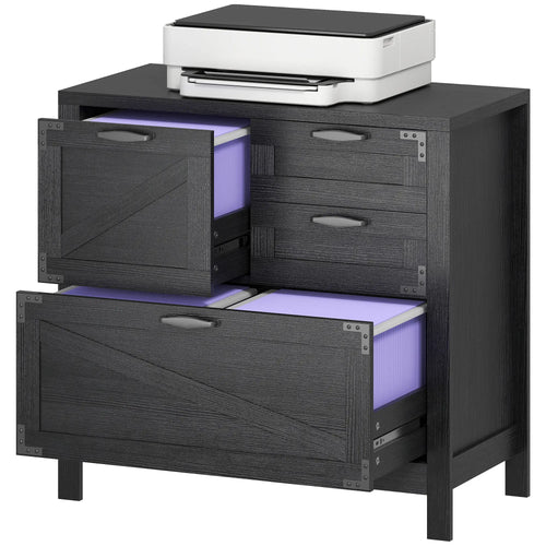 Lateral Filing Cabinet, 4 Drawers, Fits Letter/A4/Legal Files, Black Wood Grain, Black