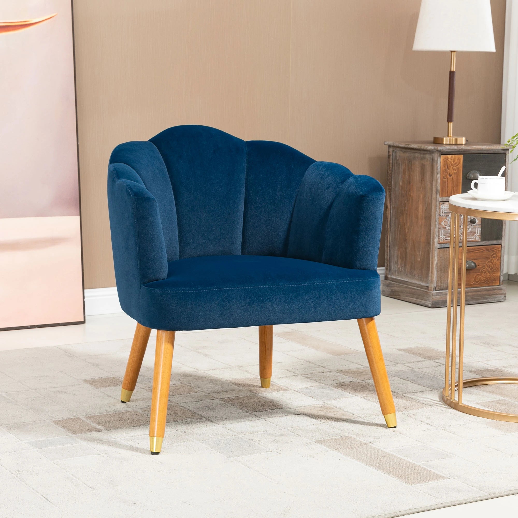 Modern Accent Chair, Upholstered Velvet Armchair with Wood Legs, Blue Accent Chairs at Gallery Canada